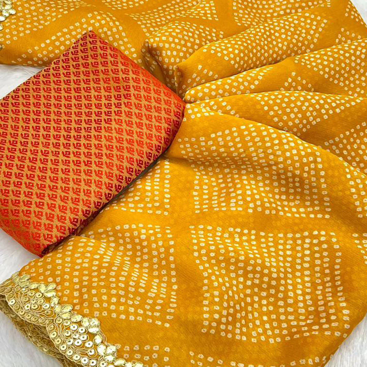 Mustard Bandhani Printed Chiffon Saree With Sequins Embroidered Border - Image 2