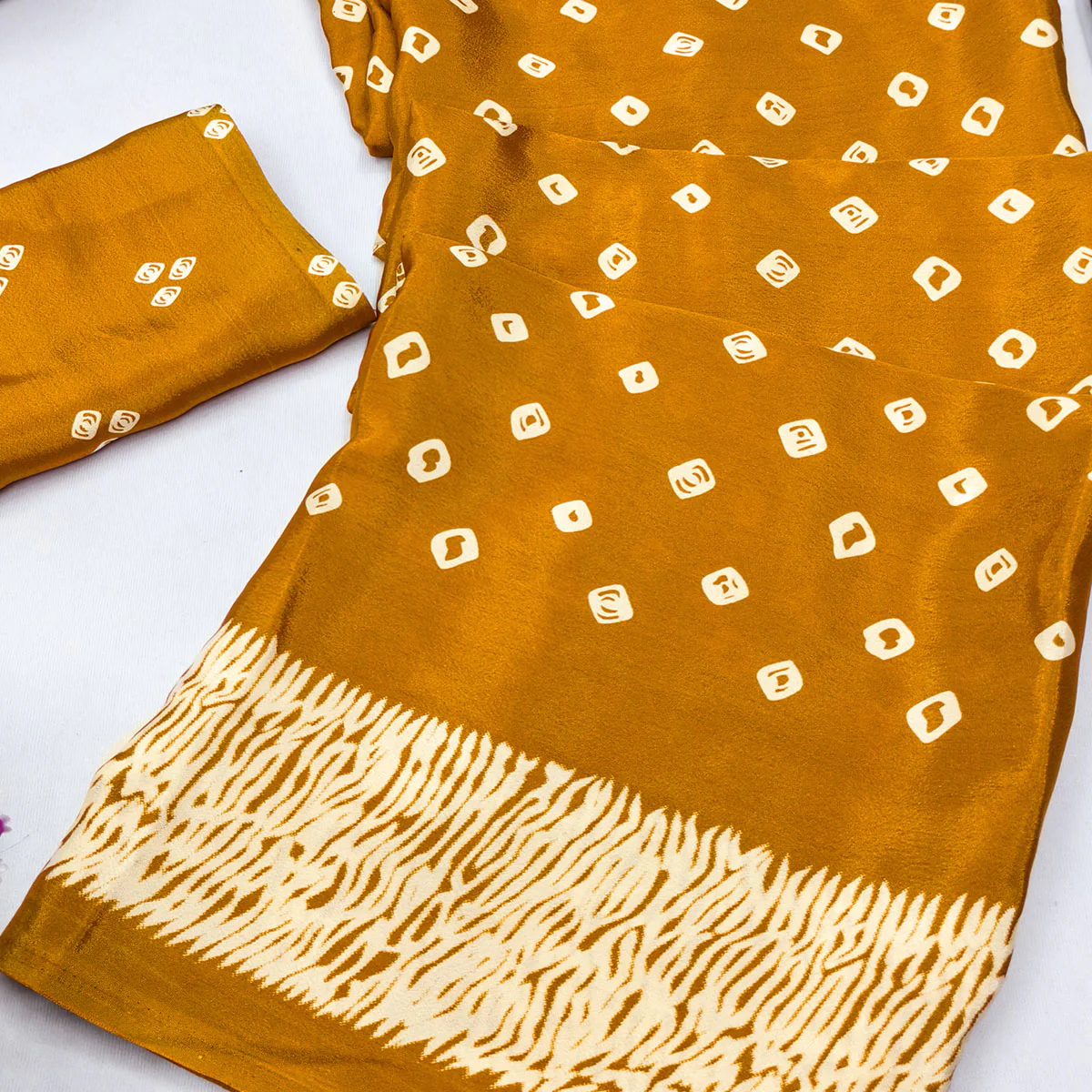Mustard Bandhani Printed Chiffon Saree With Traditional Appeal - Image 2