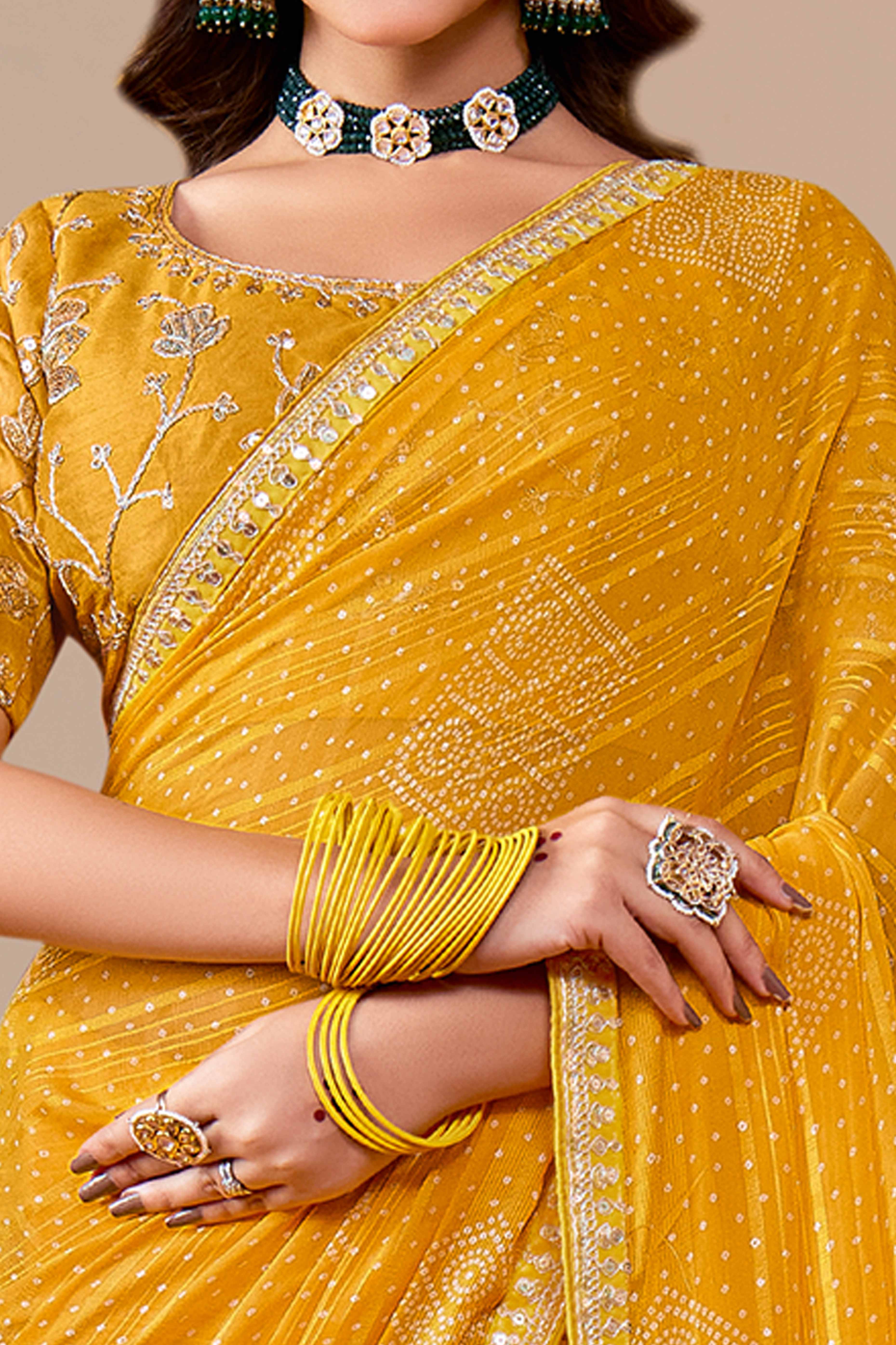 Mustard Bandhani Printed Georgette Saree Enhanced With Sequins & Cording Embroidered Lace Border - Image 2