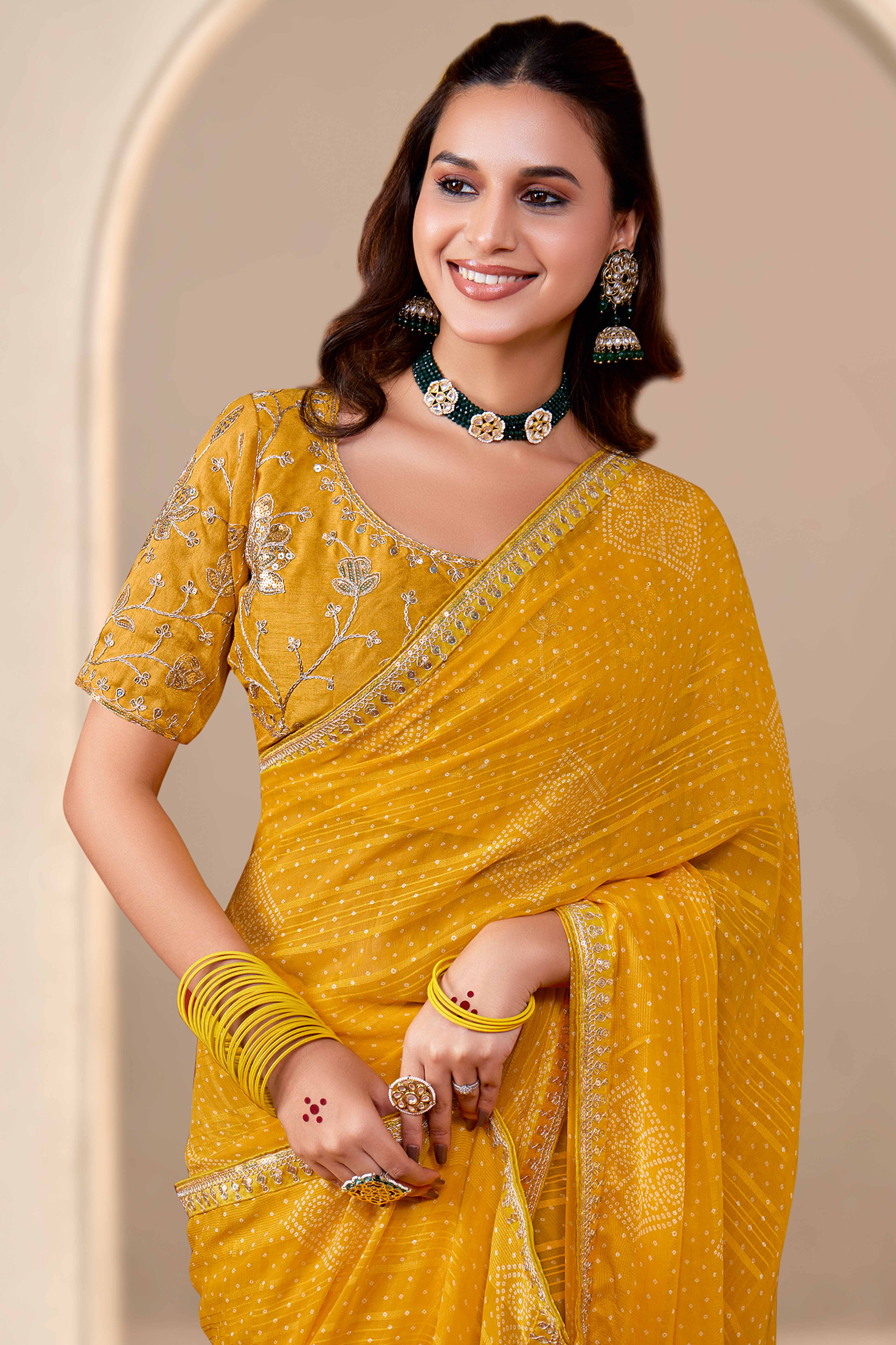 Mustard Bandhani Printed Georgette Saree Enhanced With Sequins & Cording Embroidered Lace Border - Image 3