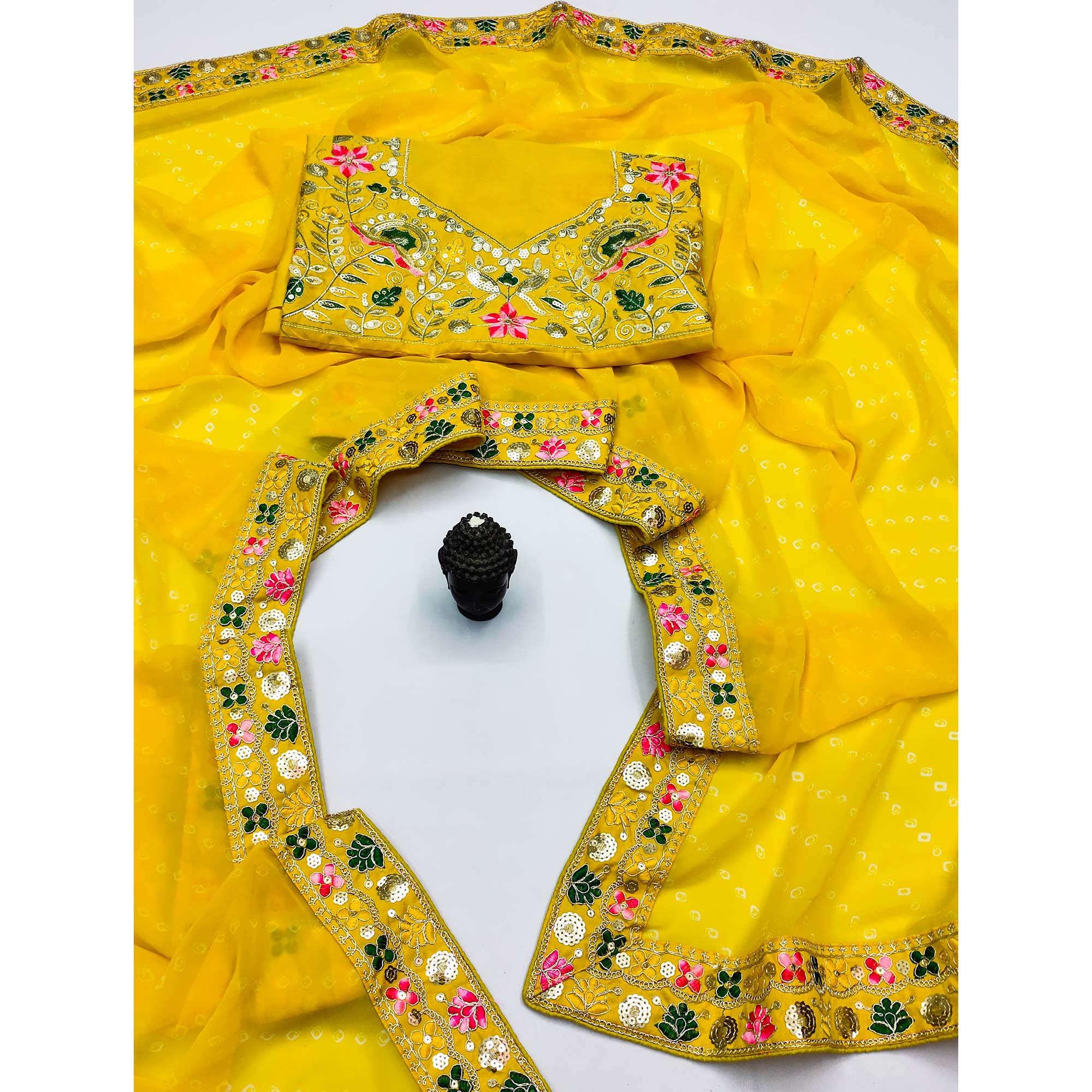 Yellow Bandhani Printed Georgette Saree With Sparkling Sequin Embroidered Border - Image 5