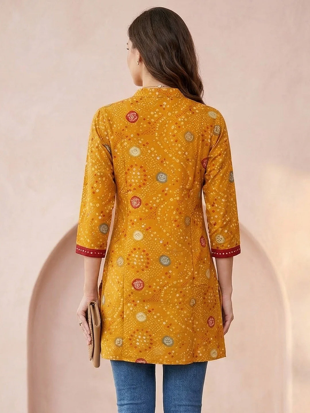 Mustard Bandhani Printed Rayon A-Line Top with Mandarin Collar - Image 3