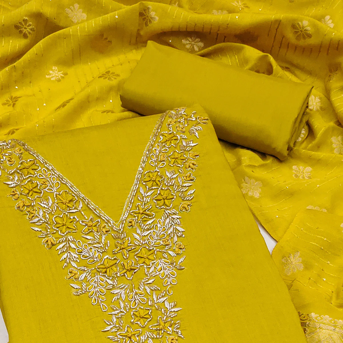 Mustard Beads Embroidered Viscose Dress Material - Image 2
