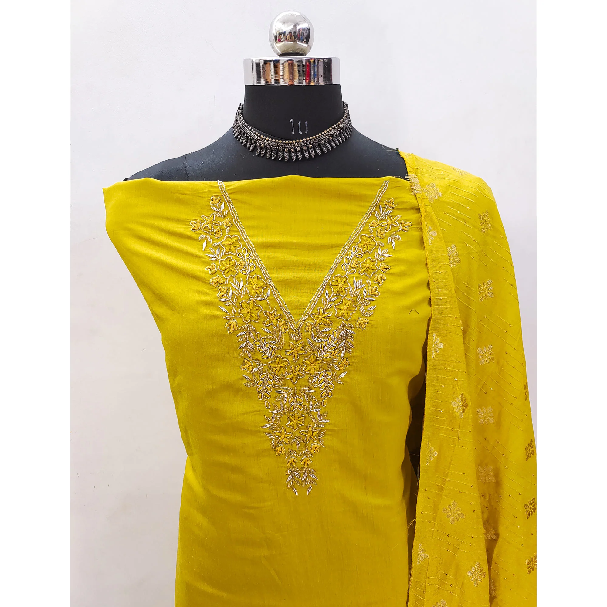 Mustard Beads Embroidered Viscose Dress Material - Image 4