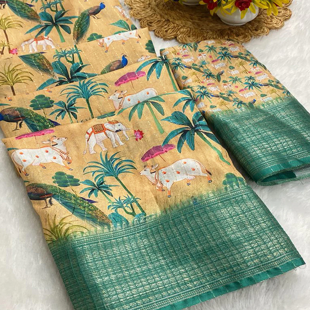 Mustard Beige Floral Printed Dola Silk Saree With Elegant Silver Zari & Intricate Weaving Border - Image 2
