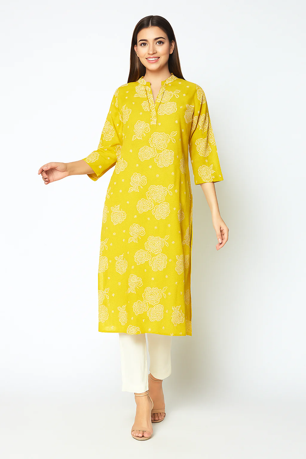 Mustard Casualwear Straight Kurti with Floral Prints in Pure Cotton