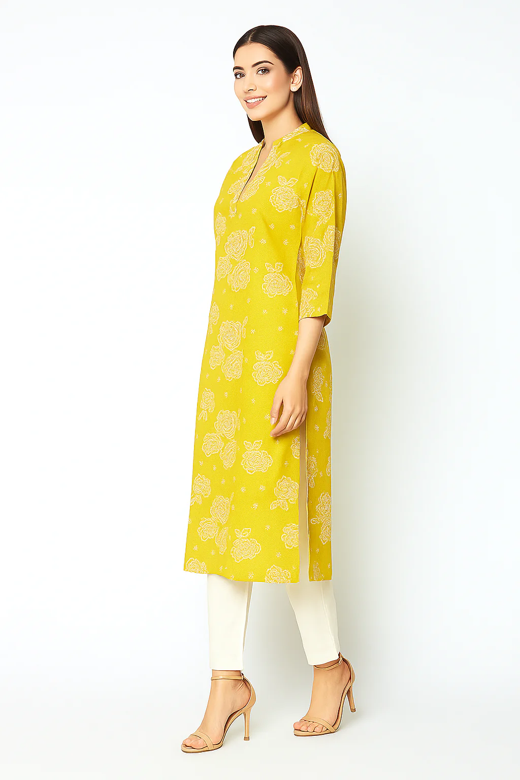 Mustard Casualwear Straight Kurti with Floral Prints in Pure Cotton - Image 4