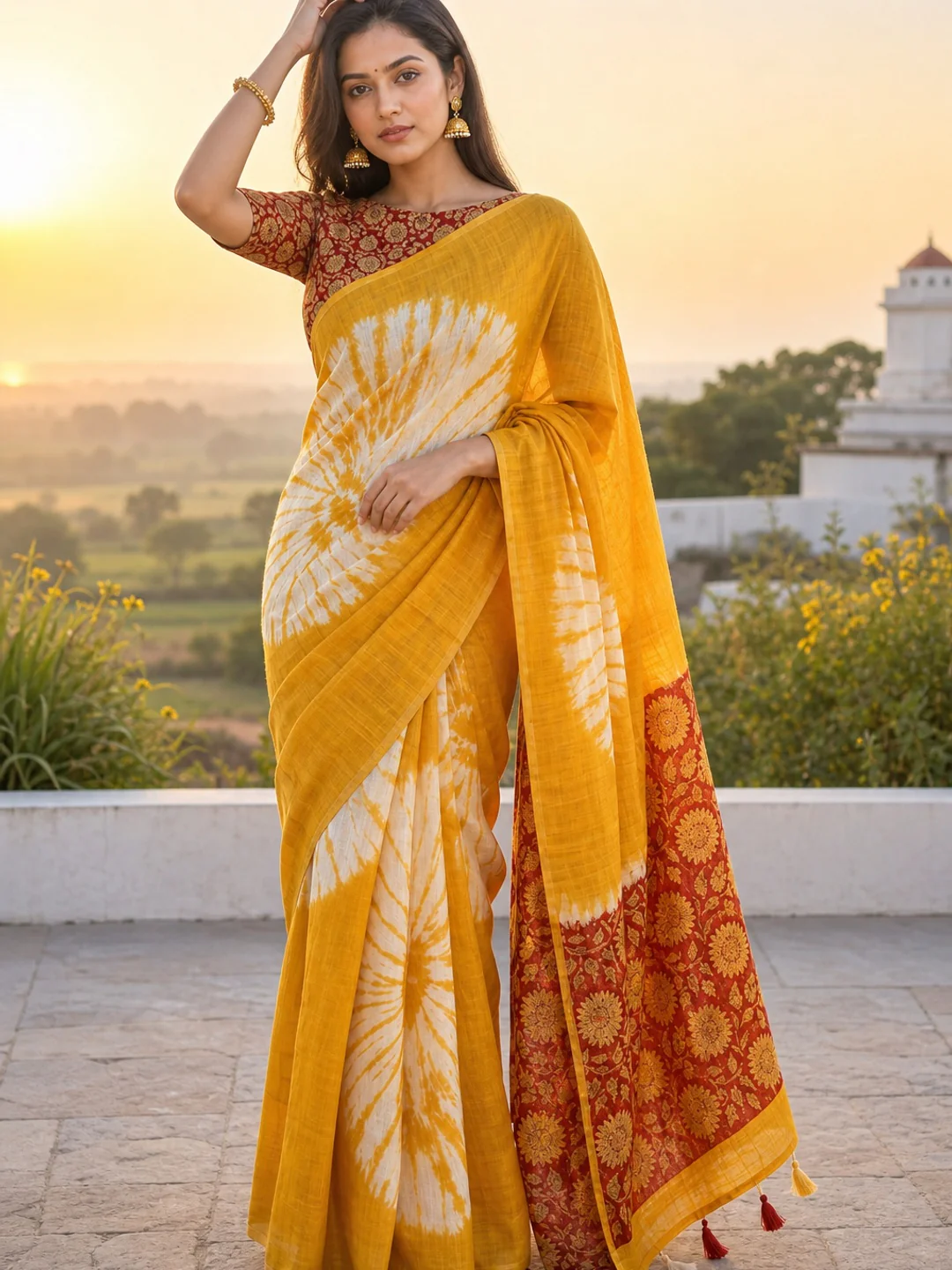 Mustard Chanderi Cotton Saree with Traditional Printed Border - Image 5
