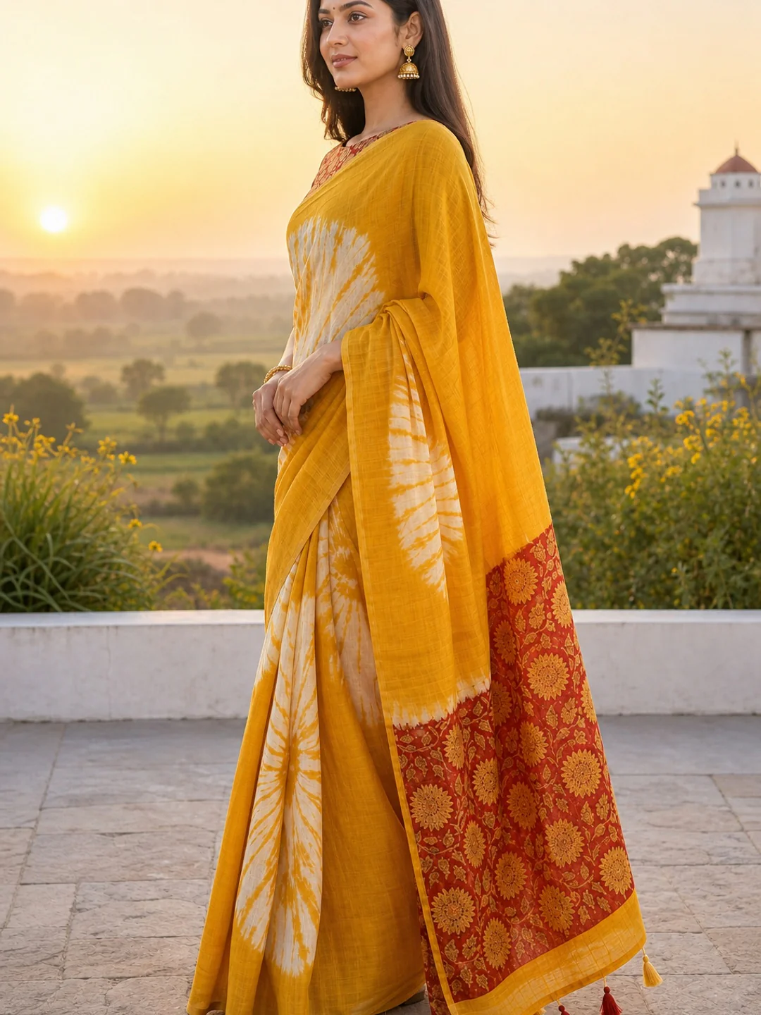 Mustard Chanderi Cotton Saree with Traditional Printed Border - Image 7