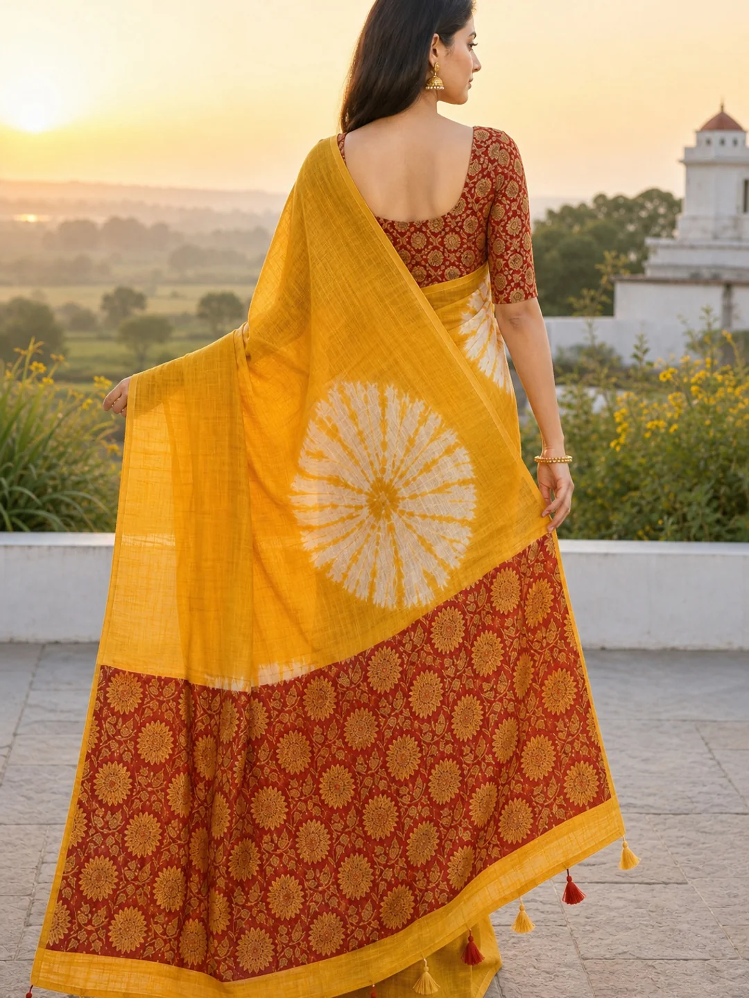 Mustard Chanderi Cotton Saree with Traditional Printed Border - Image 8