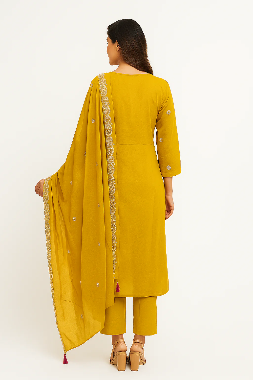 Mustard Chanderi Cotton Suit Enhanced with Floral Embroidery - Image 3