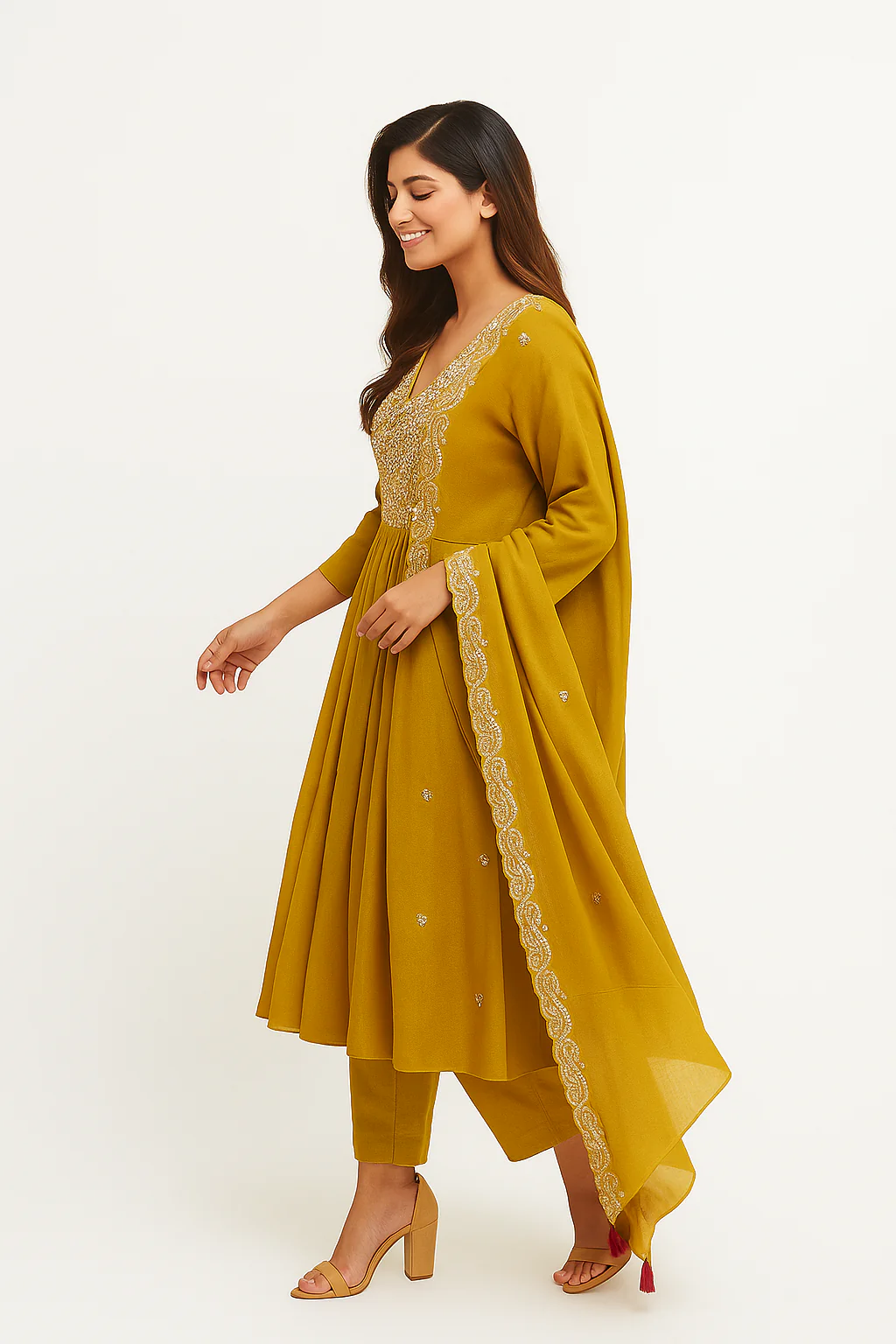 Mustard Chanderi Cotton Suit Enhanced with Floral Embroidery - Image 4