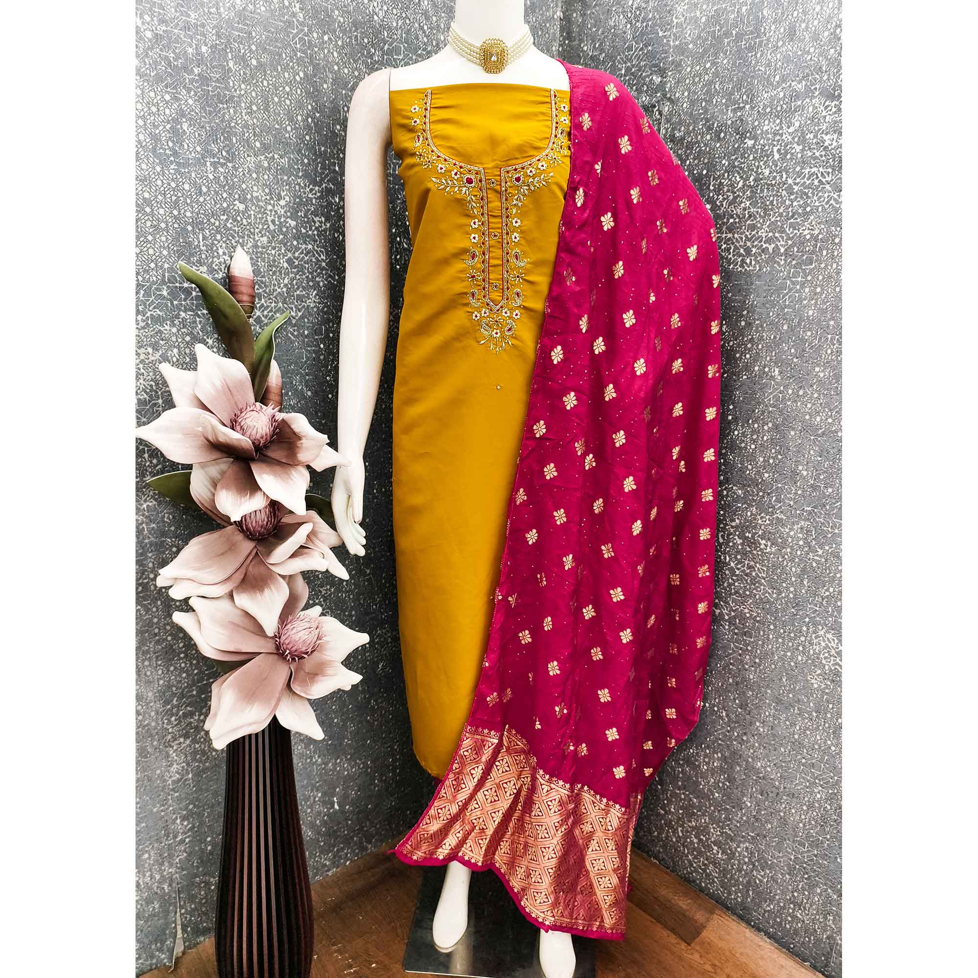 Mustard Chanderi Silk Dress Material Featuring Intricate Beads & Stone Embroidery - Image 3
