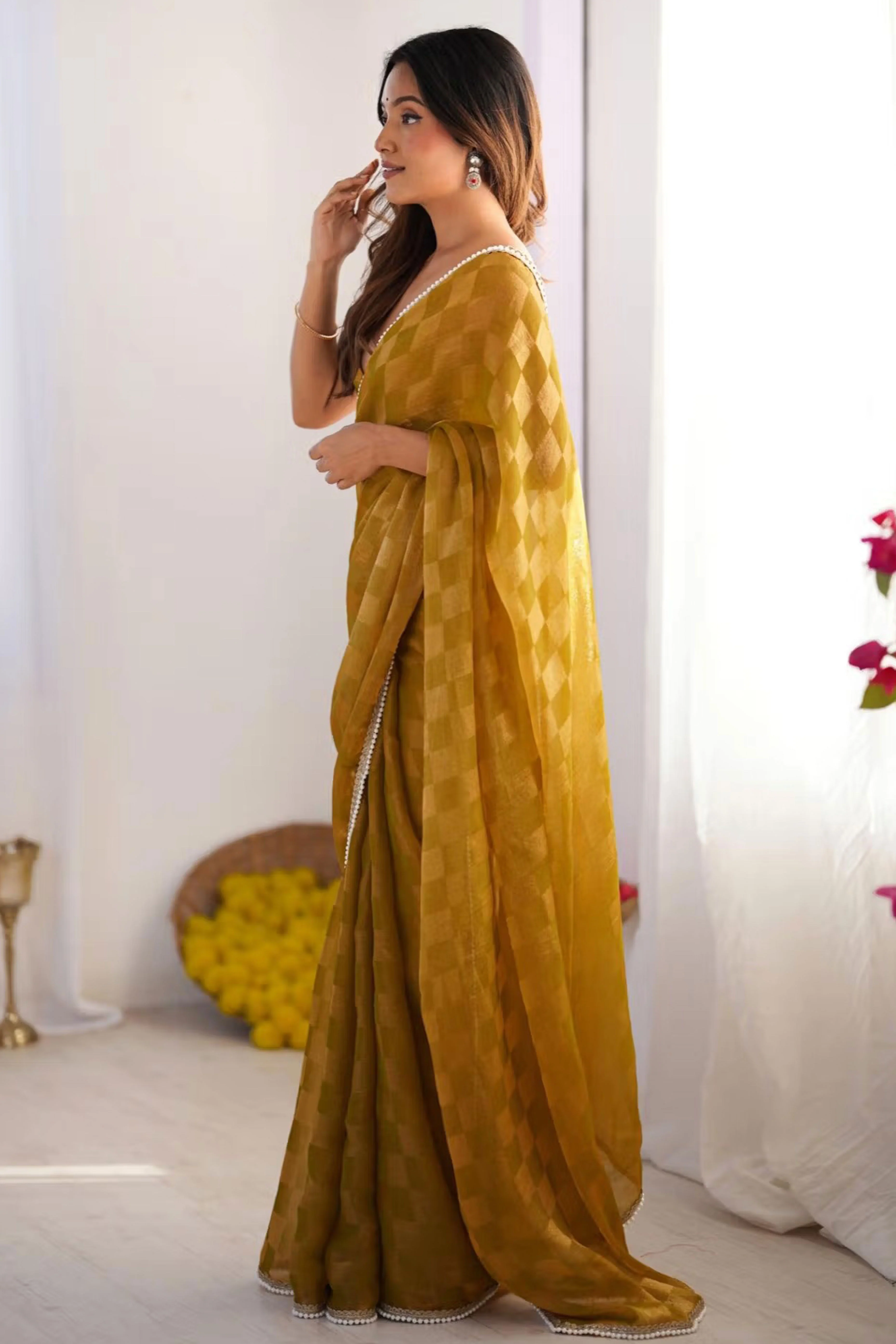 Mustard Checks Weaving Chiffon Saree With Refined Moti Lace Border - Image 4