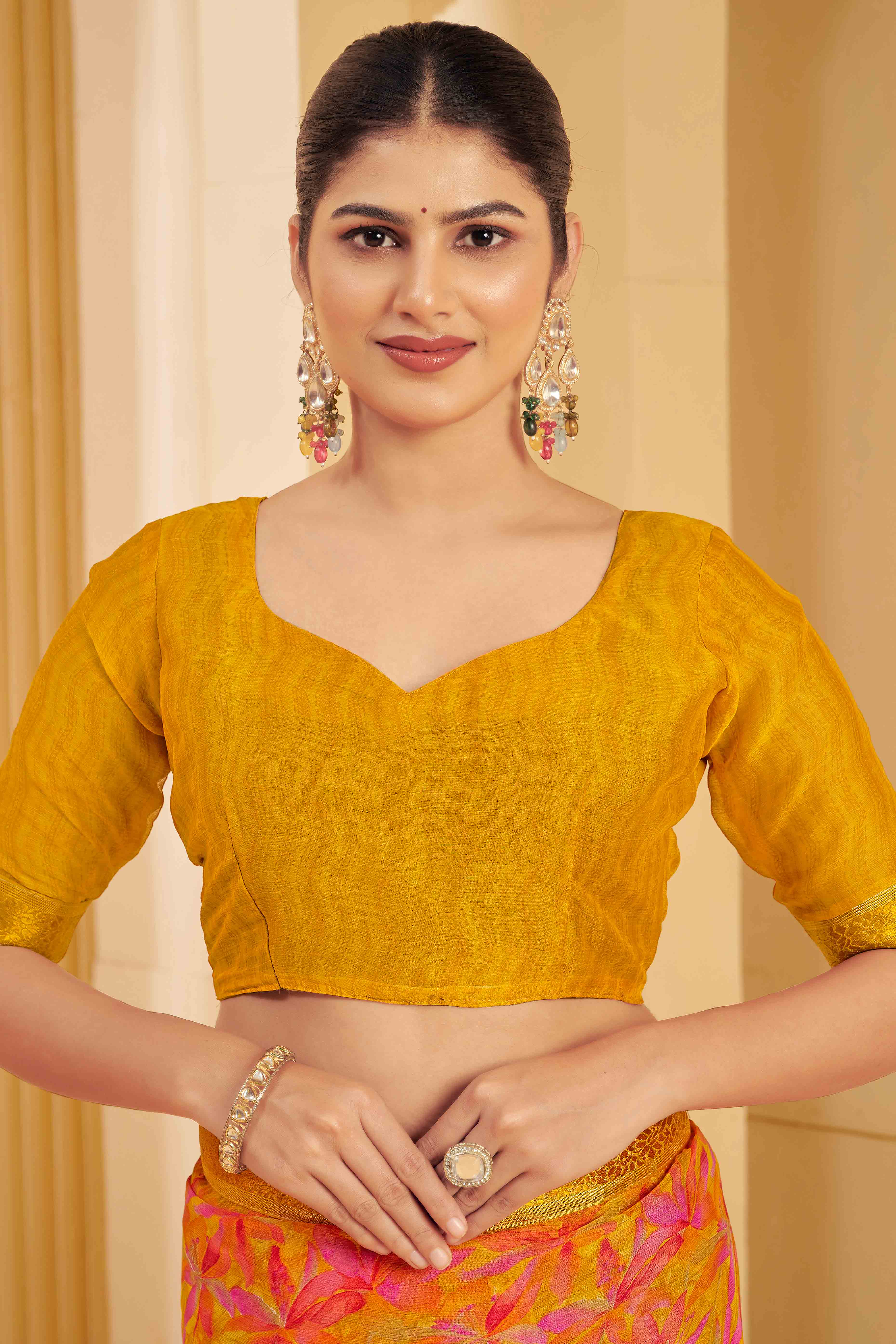 Mustard Chiffon Saree Adorned With Artistic Floral Print & Finely Crafted Woven Lace Border - Image 3