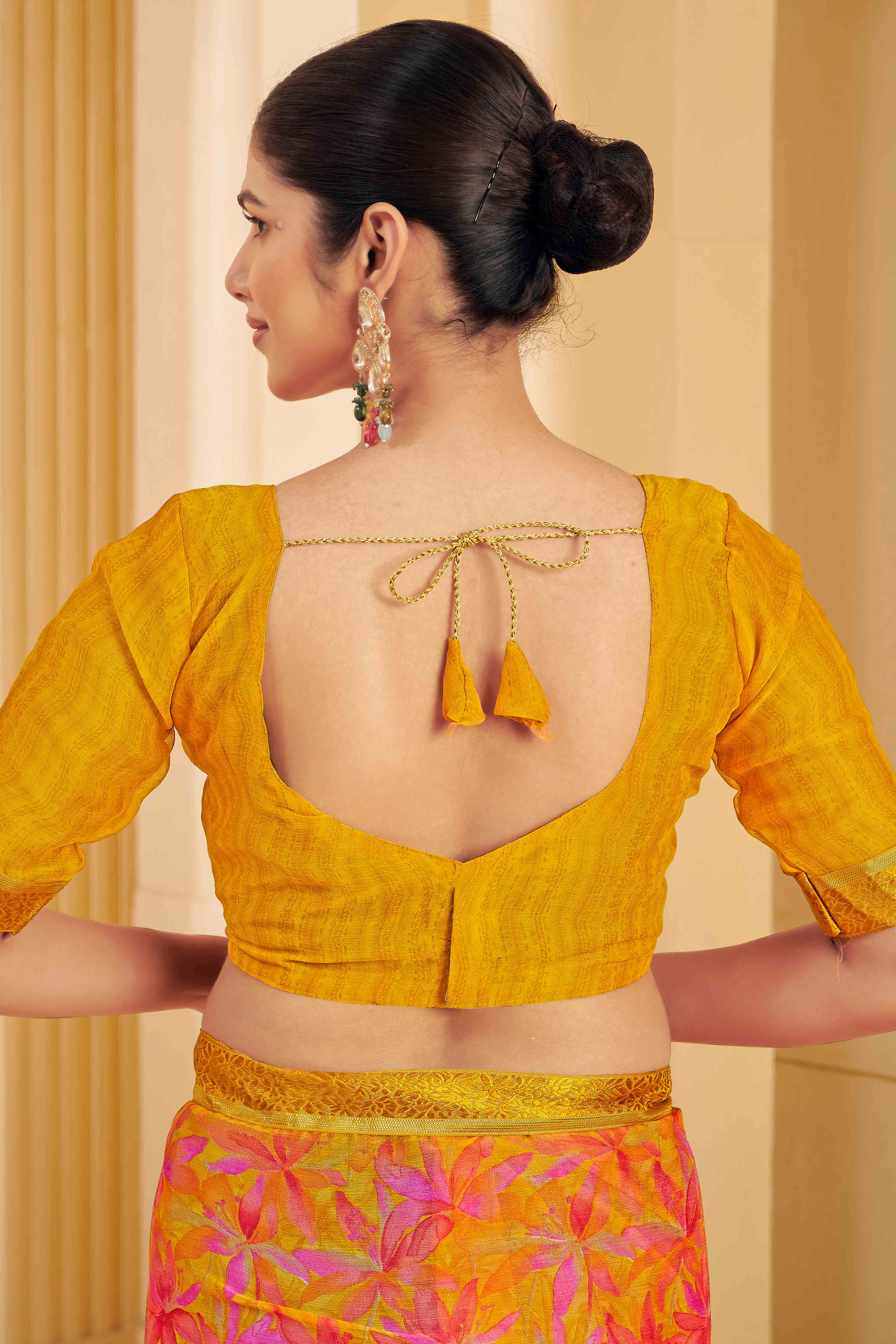 Mustard Chiffon Saree Adorned With Artistic Floral Print & Finely Crafted Woven Lace Border - Image 4