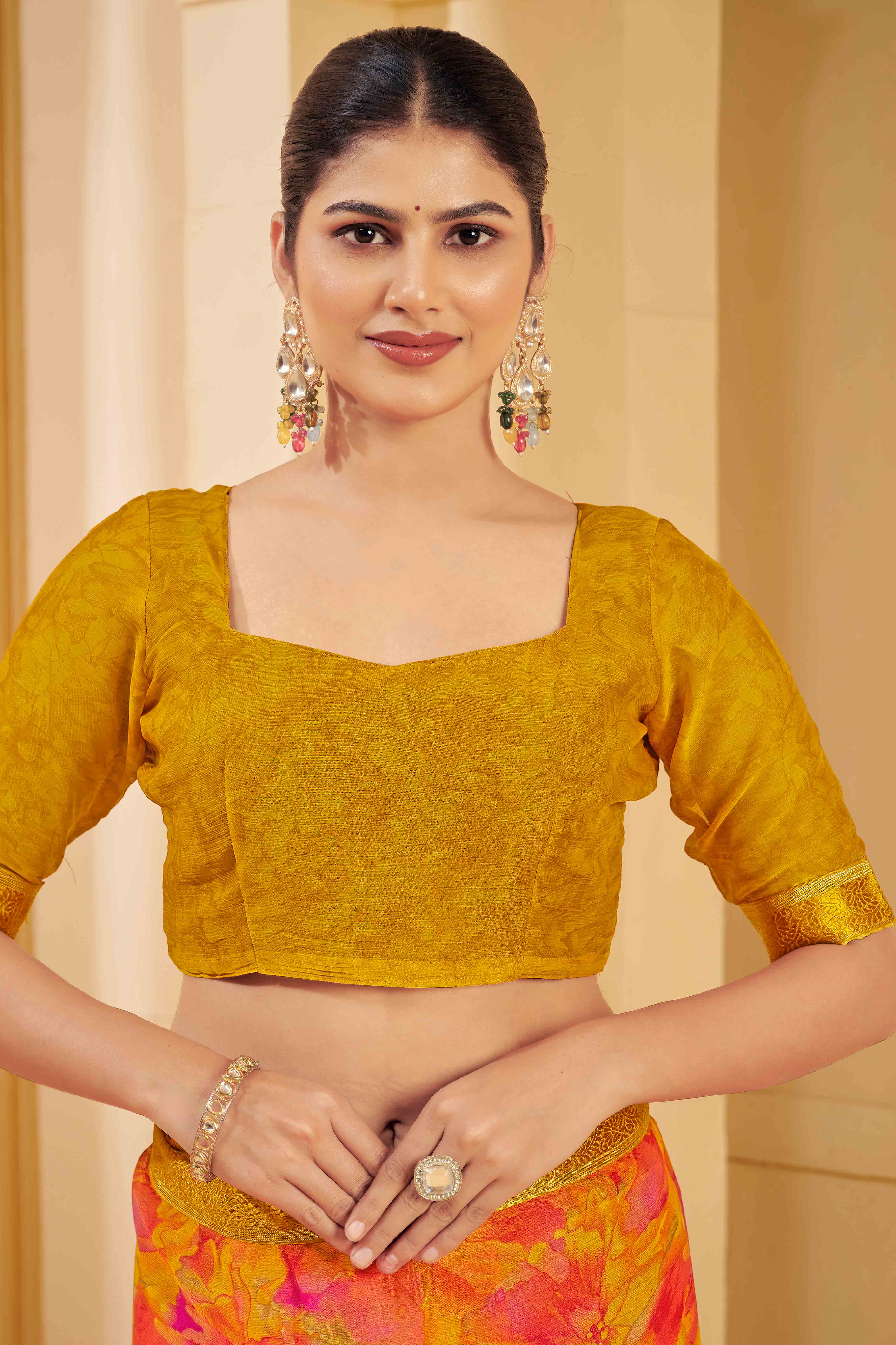 Mustard Chiffon Saree Adorned With Artistic Floral Print & Finely Crafted Woven Lace Border - Image 3