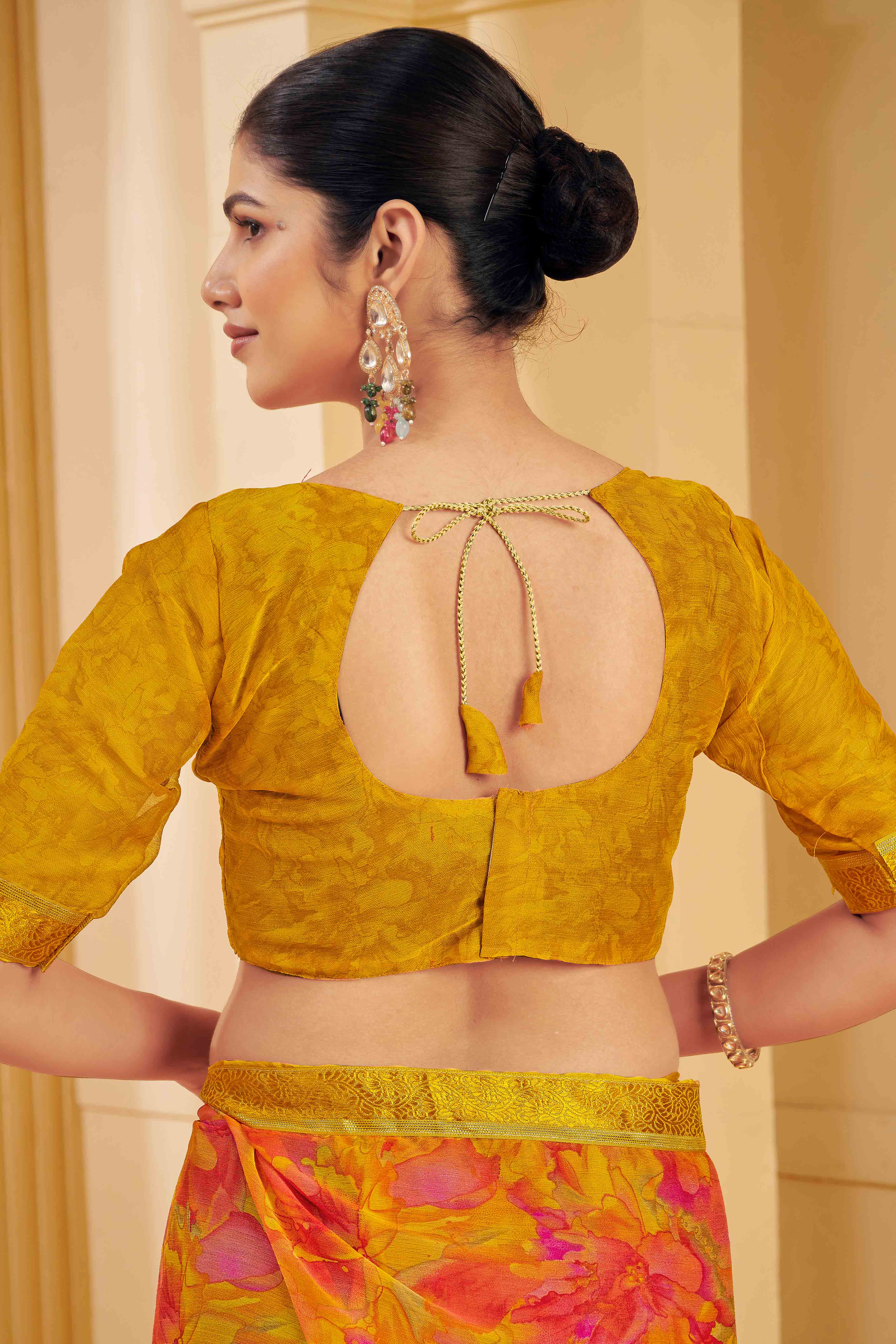 Mustard Chiffon Saree Adorned With Artistic Floral Print & Finely Crafted Woven Lace Border - Image 4