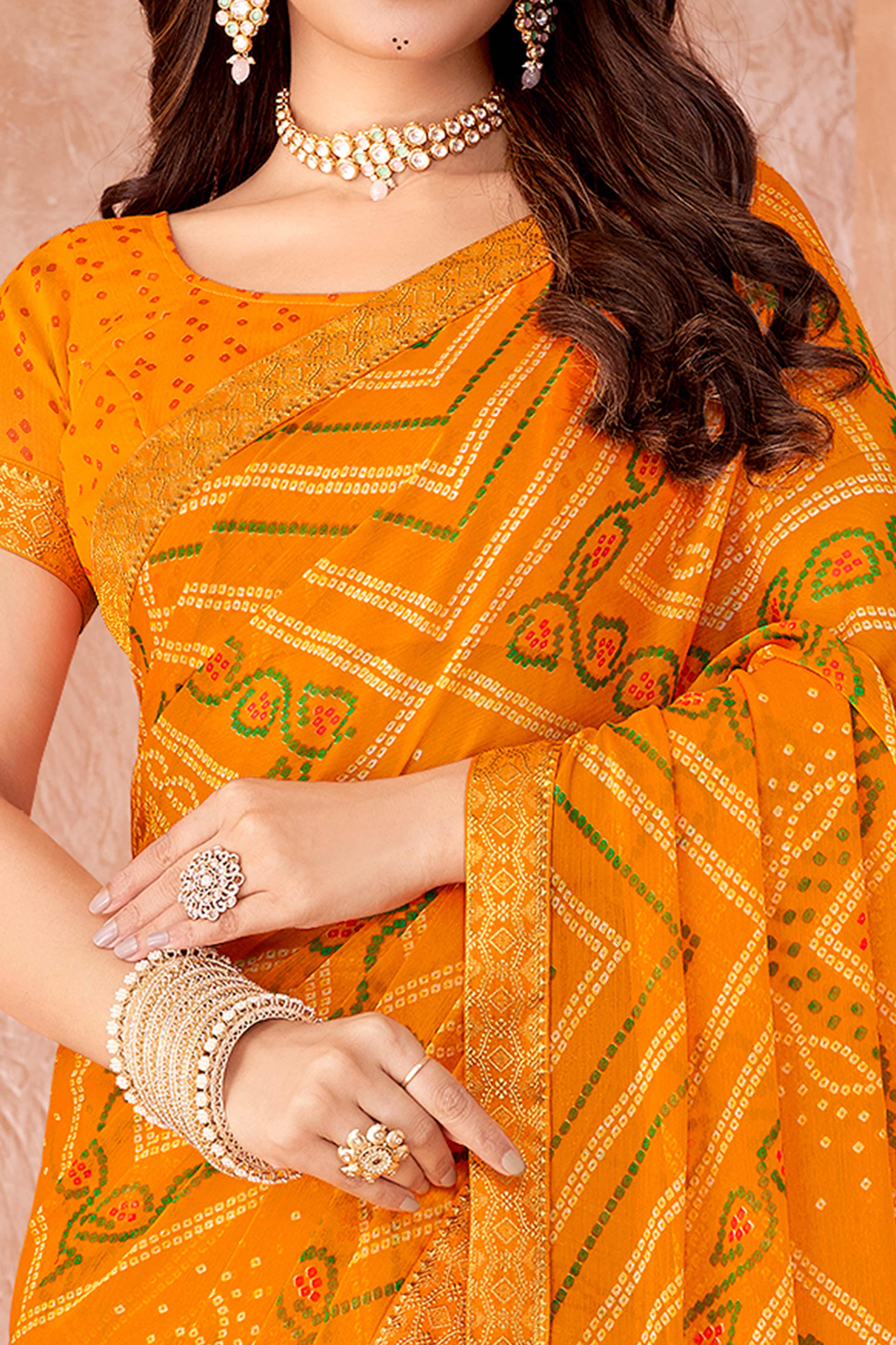 Mustard Chiffon Saree Featuring Traditional Bandhani Prints & A Graceful Lace Edge - Image 2