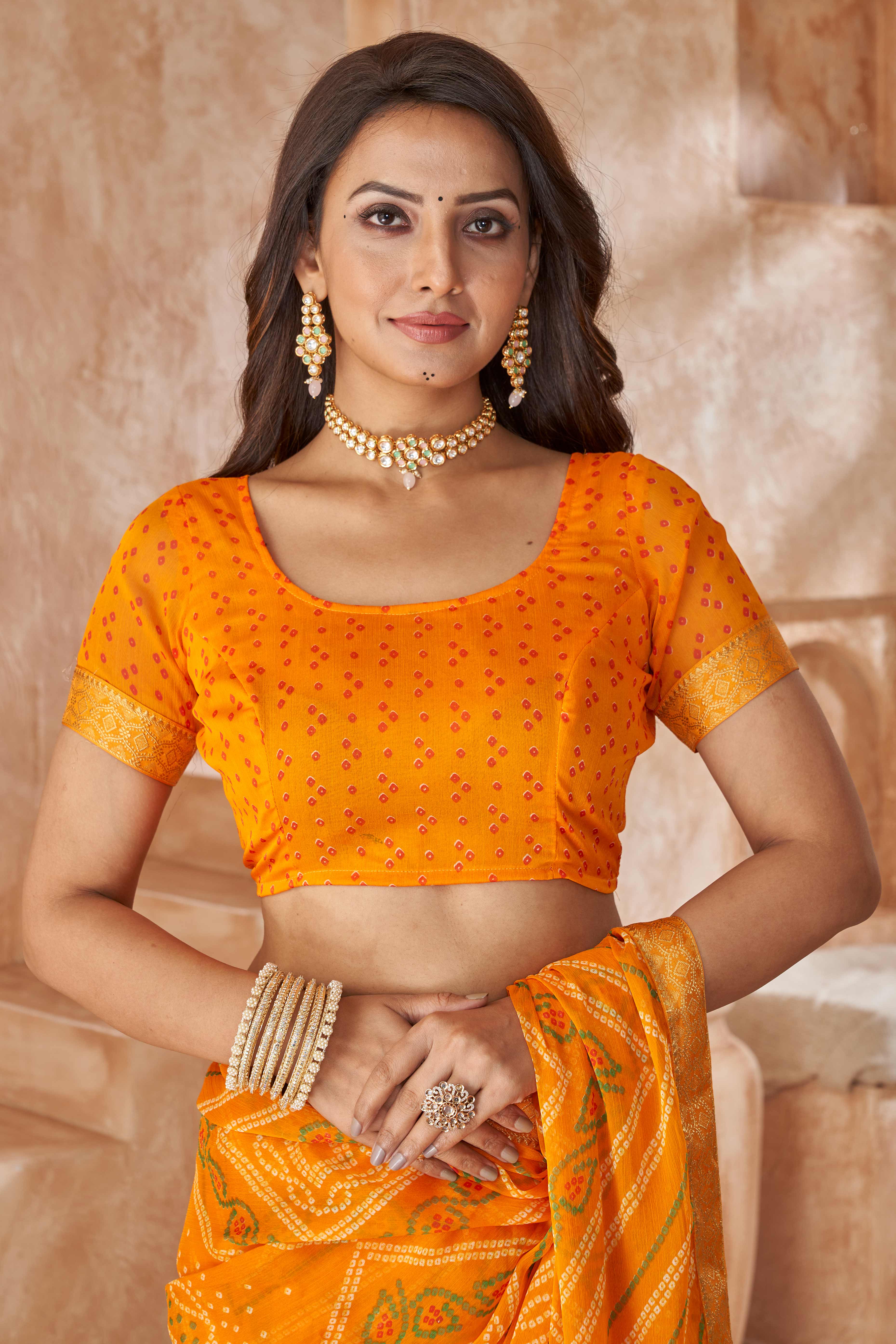 Mustard Chiffon Saree Featuring Traditional Bandhani Prints & A Graceful Lace Edge - Image 4