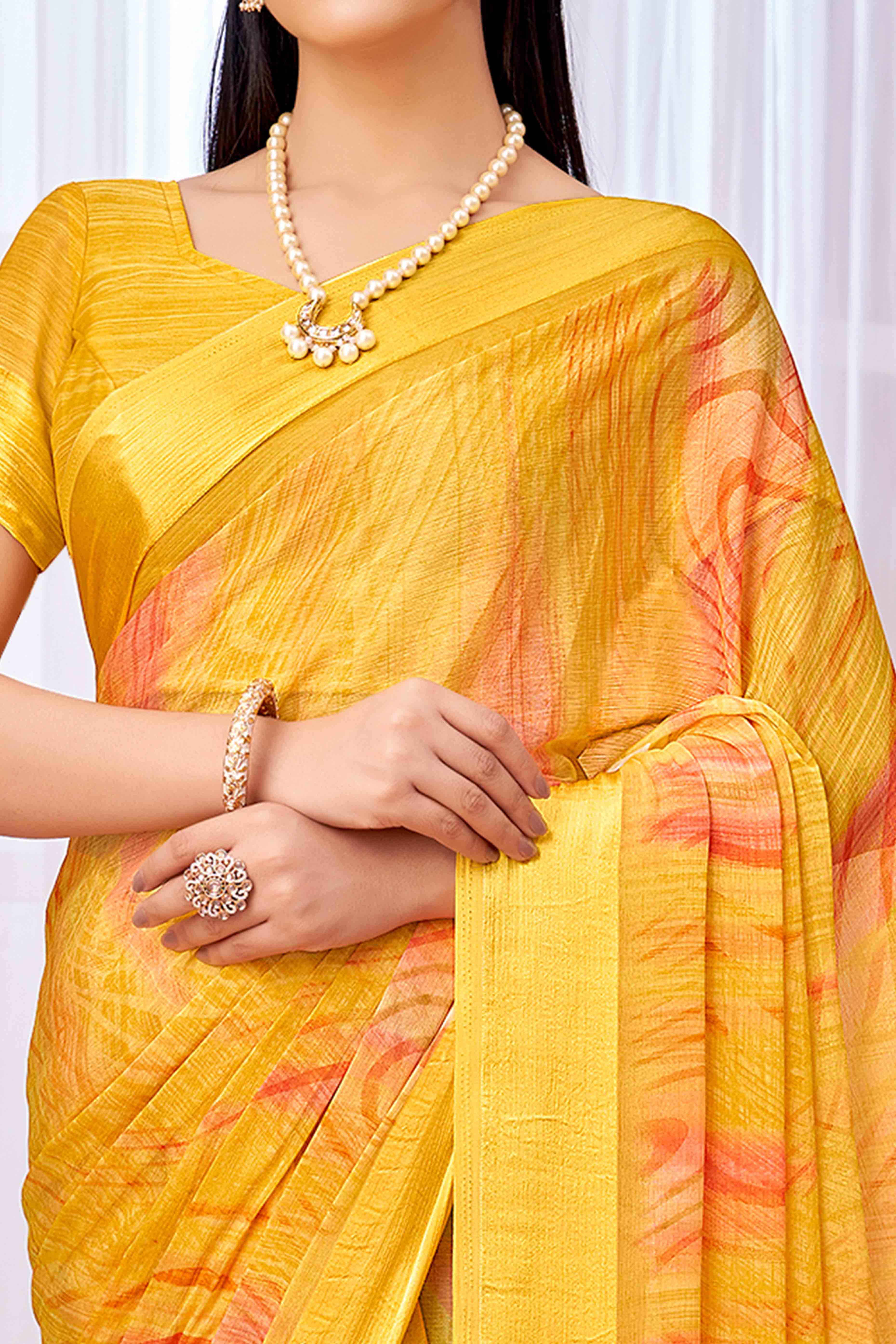 Mustard Chiffon Saree With Delicate Prints & Elegant Satin Woven Border - Image 2