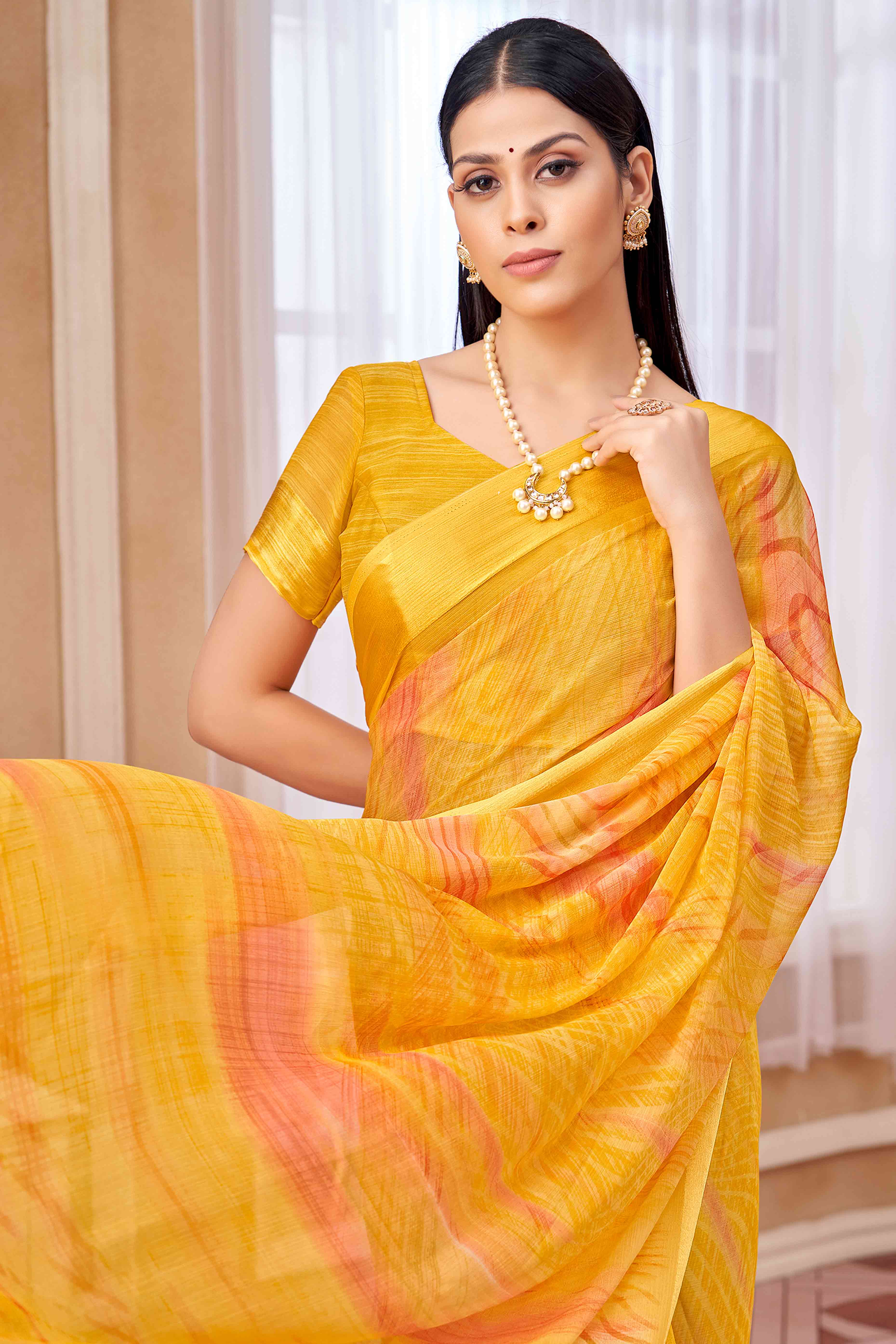 Mustard Chiffon Saree With Delicate Prints & Elegant Satin Woven Border - Image 3