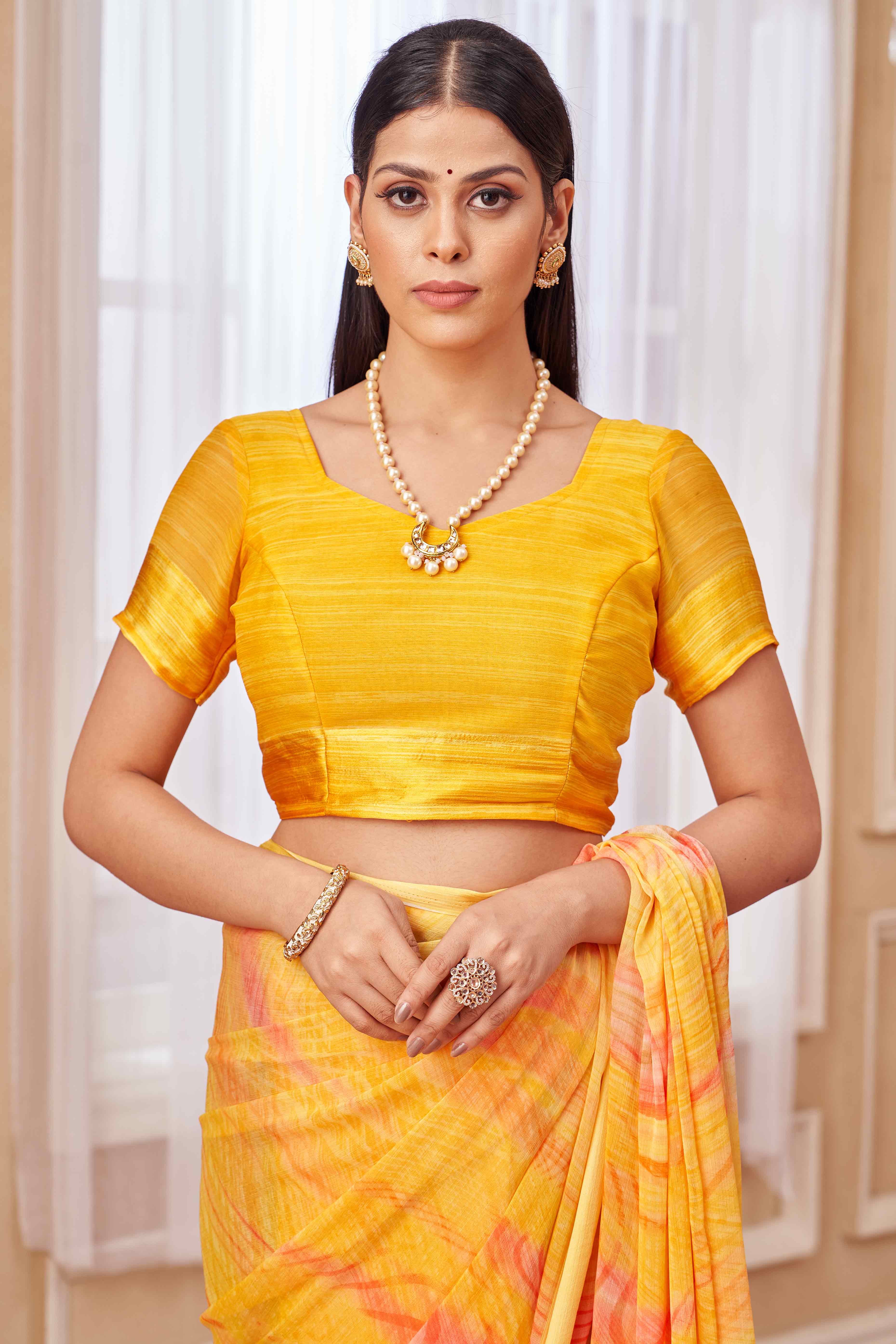 Mustard Chiffon Saree With Delicate Prints & Elegant Satin Woven Border - Image 4