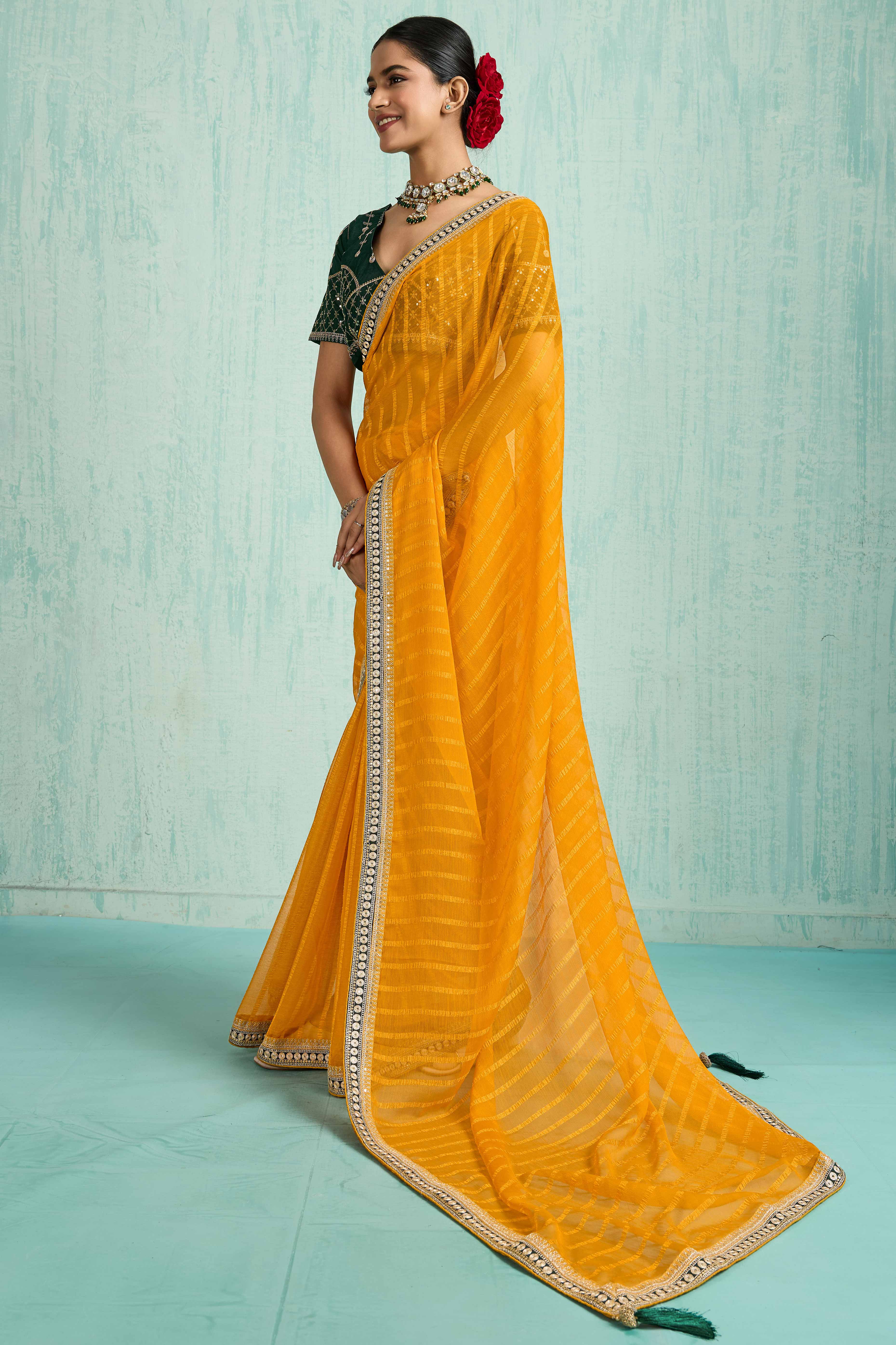 Mustard Chiffon Saree With Elegant Stripes & Sequins Embroidered Border - Image 3