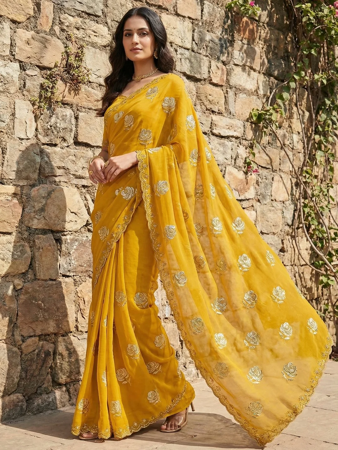 Mustard Chiffon Saree with Floral Embroidery and Stone Work Embellished Border
