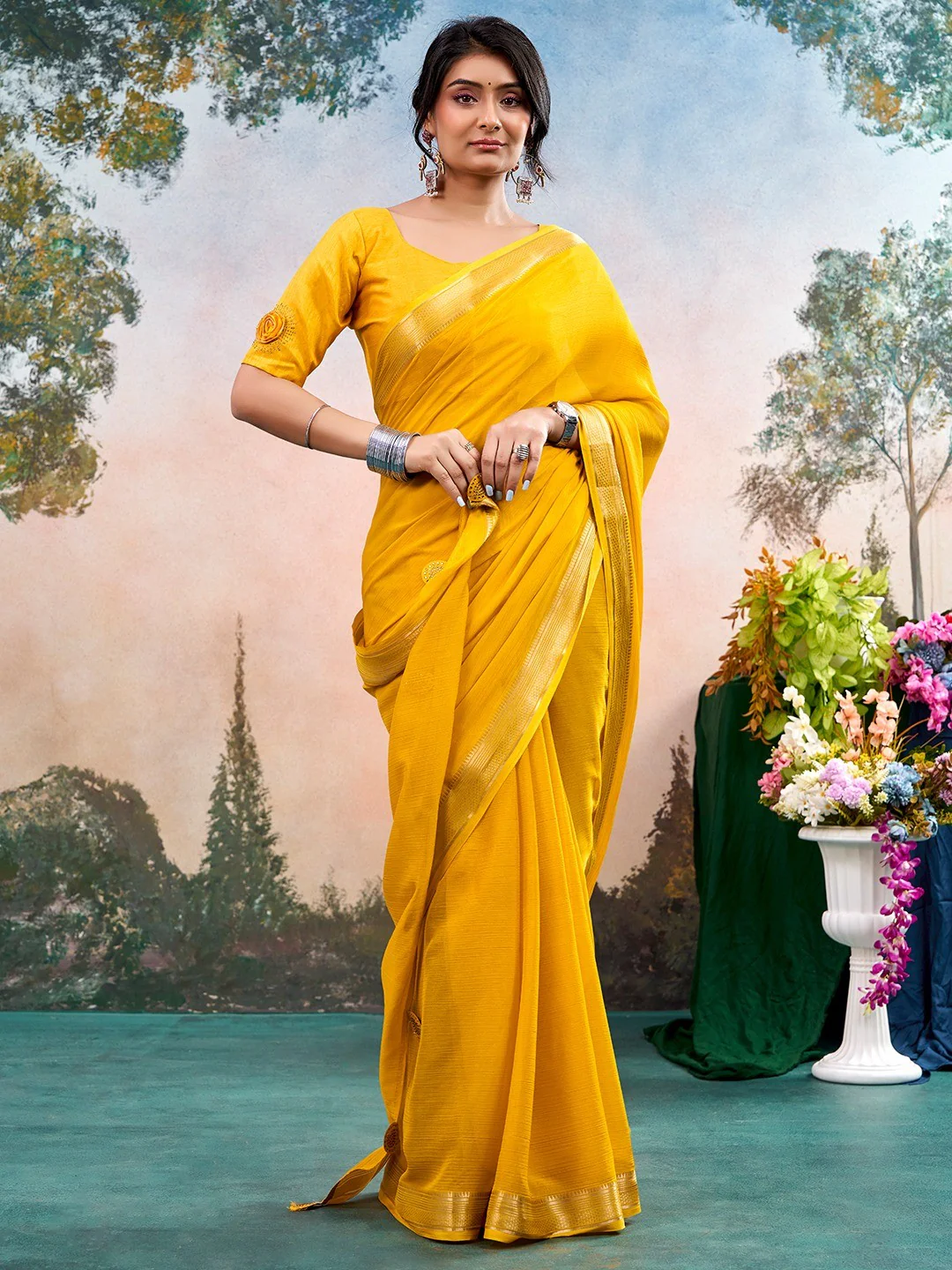 Mustard Chinon Saree Featuring Classic Golden Zari Border with Smooth Solid Finish