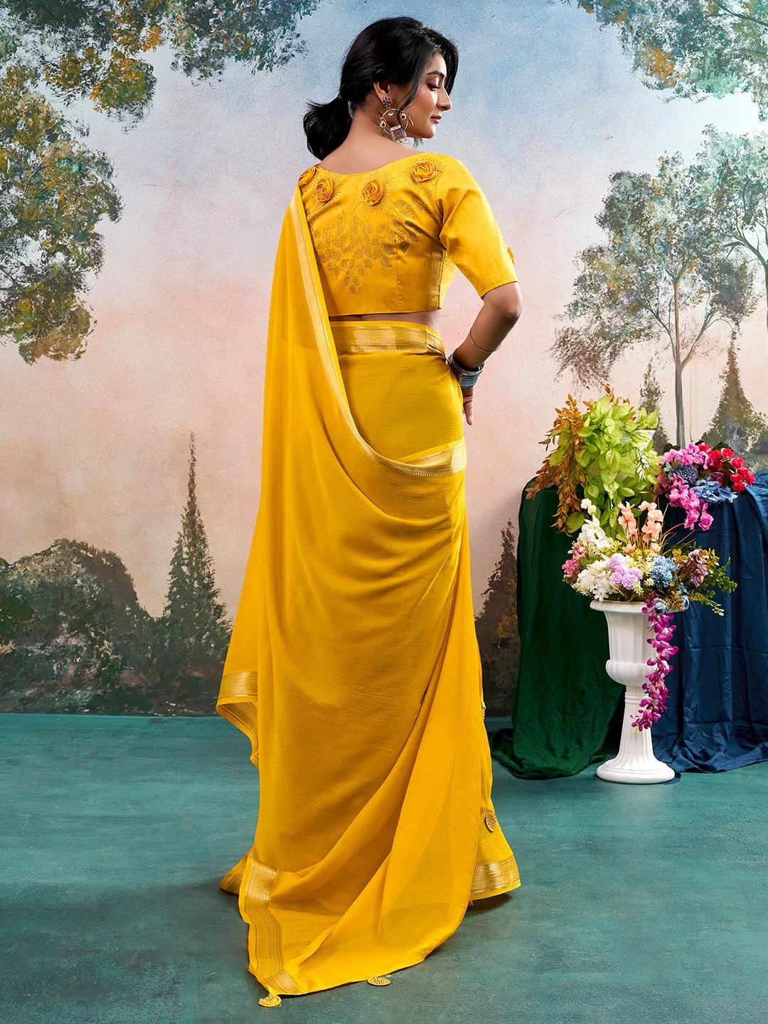 Mustard Chinon Saree Featuring Classic Golden Zari Border with Smooth Solid Finish - Image 3
