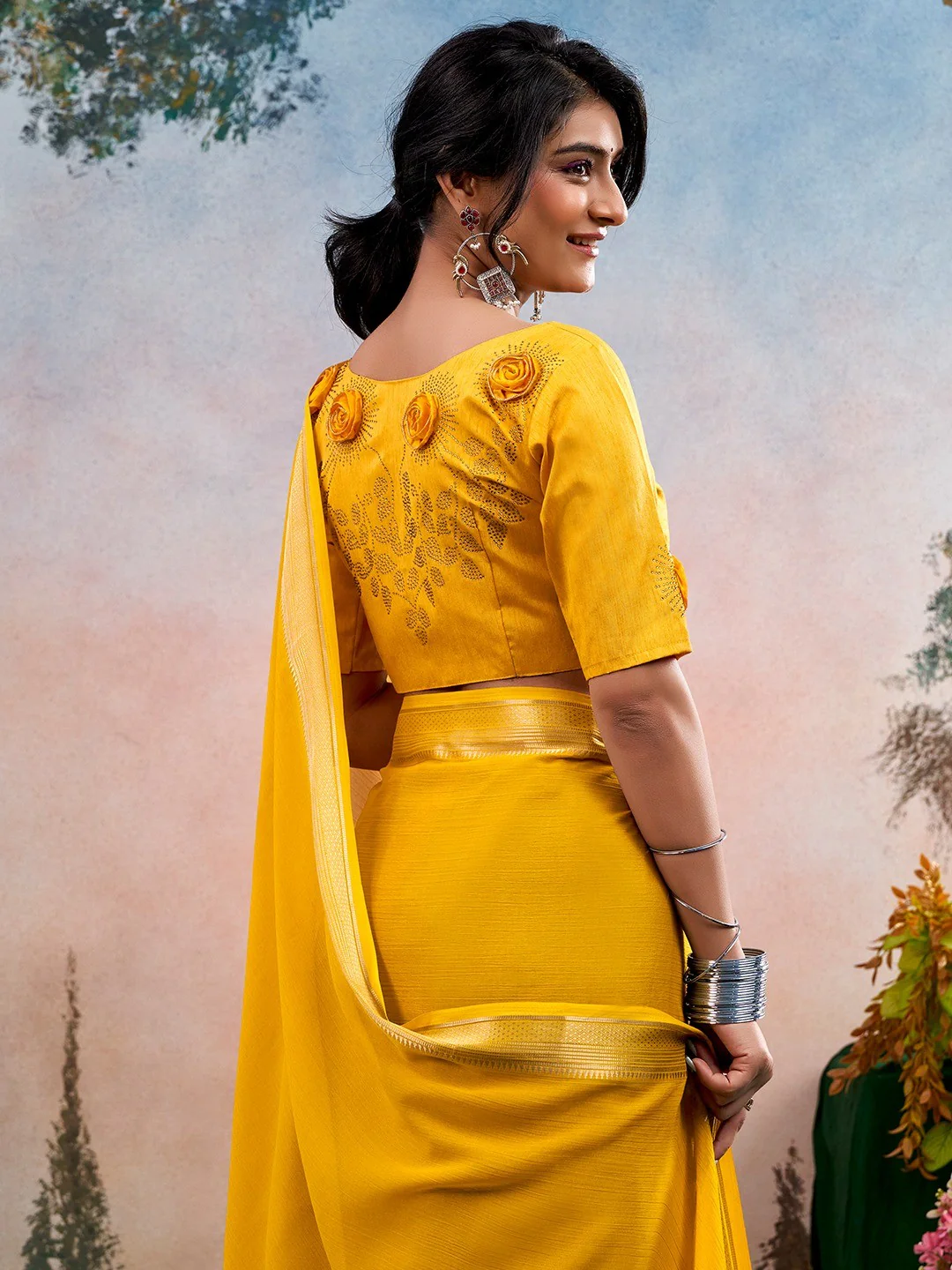 Mustard Chinon Saree Featuring Classic Golden Zari Border with Smooth Solid Finish - Image 4