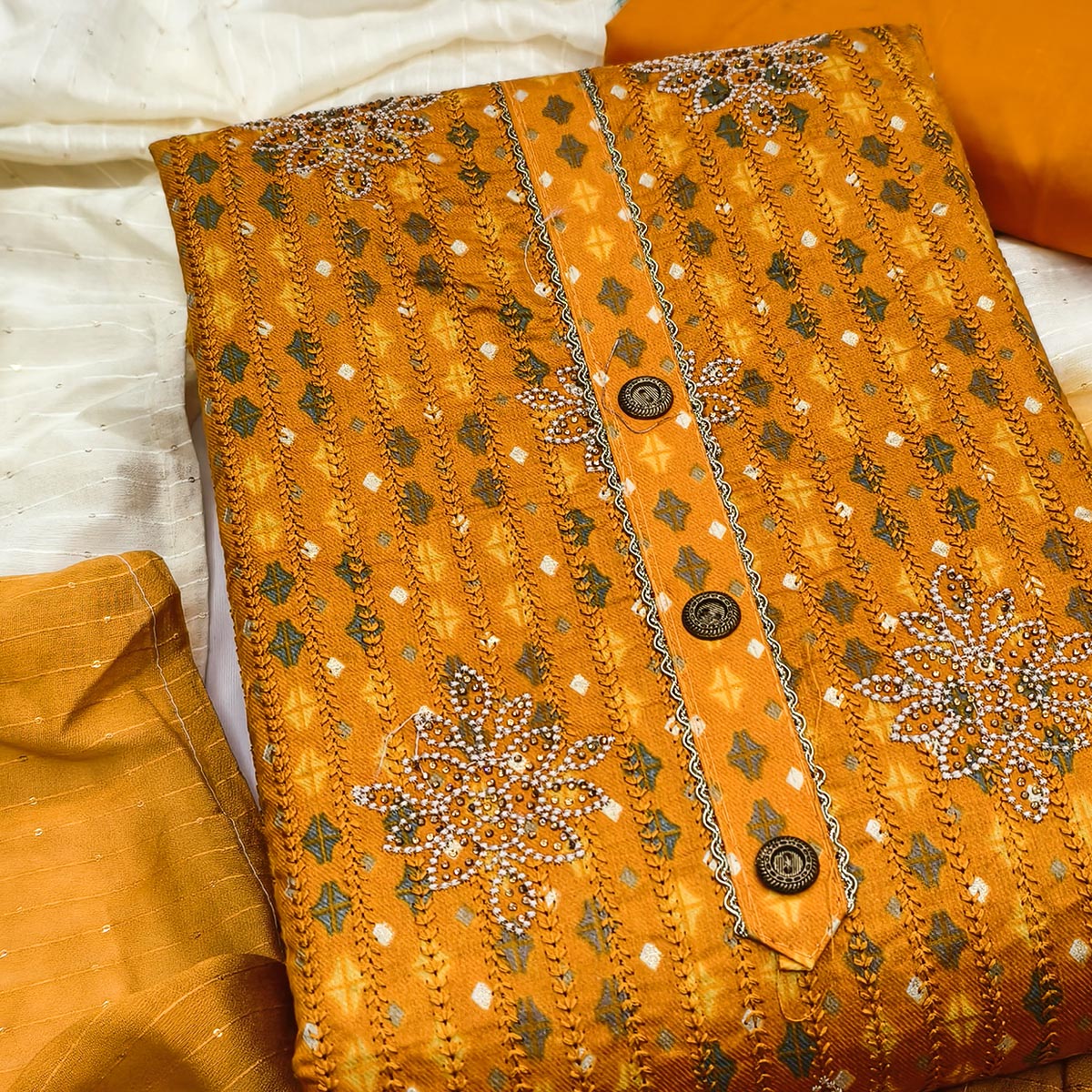 Mustard Cotton Blend Dress Material Adorned With Exquisite Floral Embroidery & Sparkling Stonework - Image 2