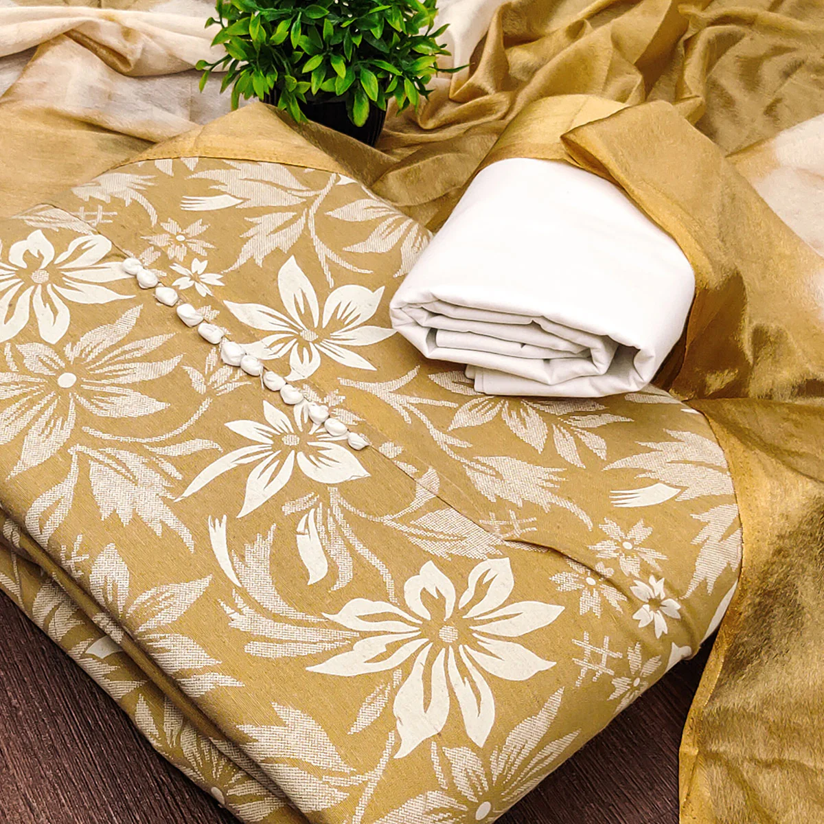 Mustard Cotton Blend Dress Material Adorned With Floral Printed Work - Image 2
