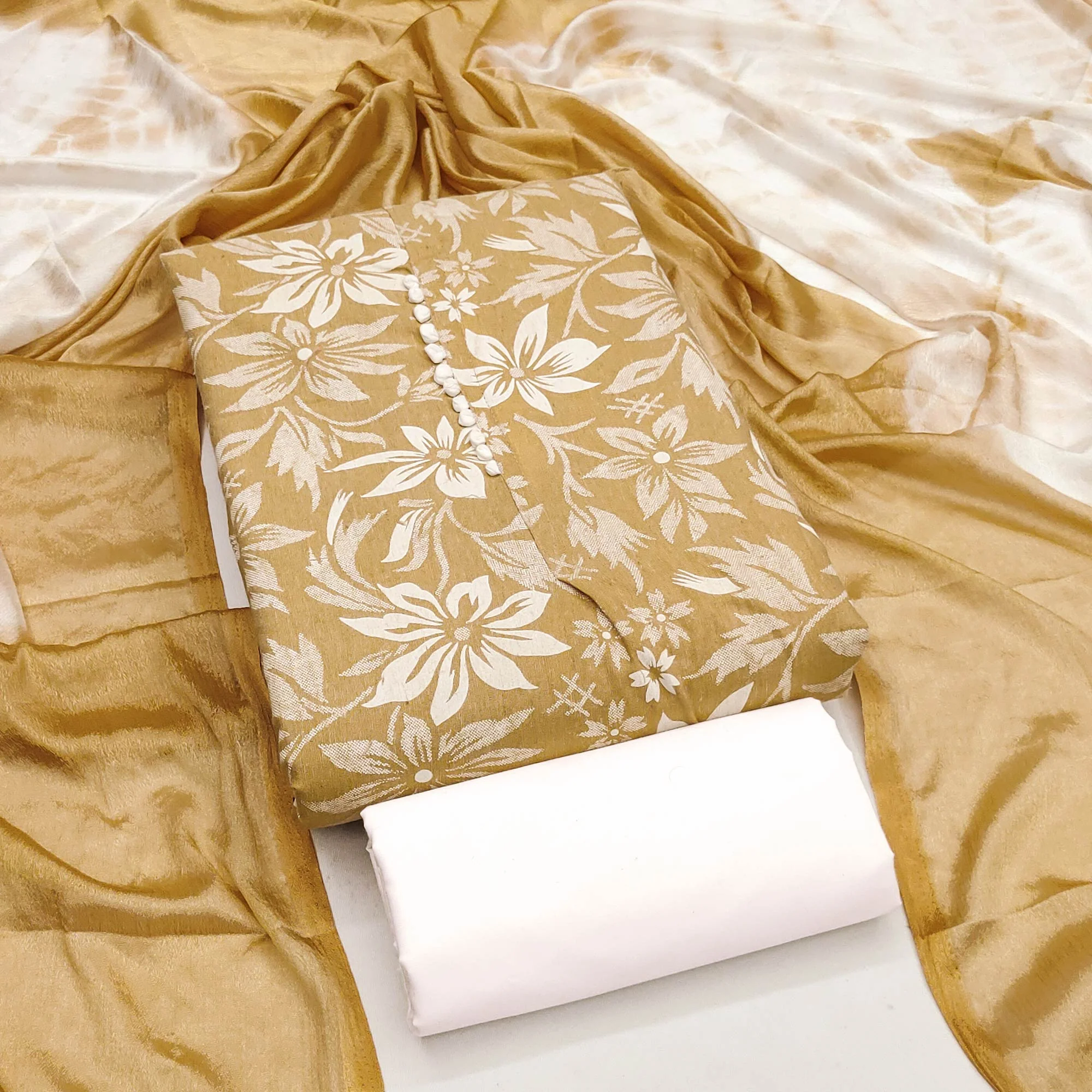 Mustard Cotton Blend Dress Material Adorned With Floral Printed Work - Image 3