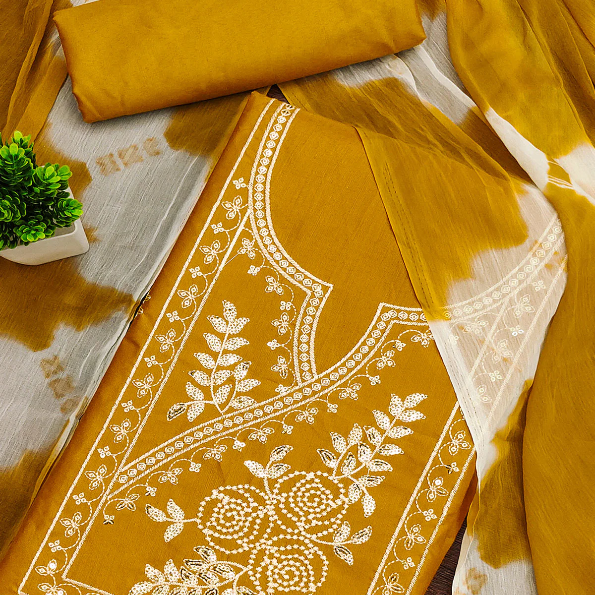 Mustard Cotton Blend Dress Material Highlighted With Floral Thread & Sequins Work - Image 2