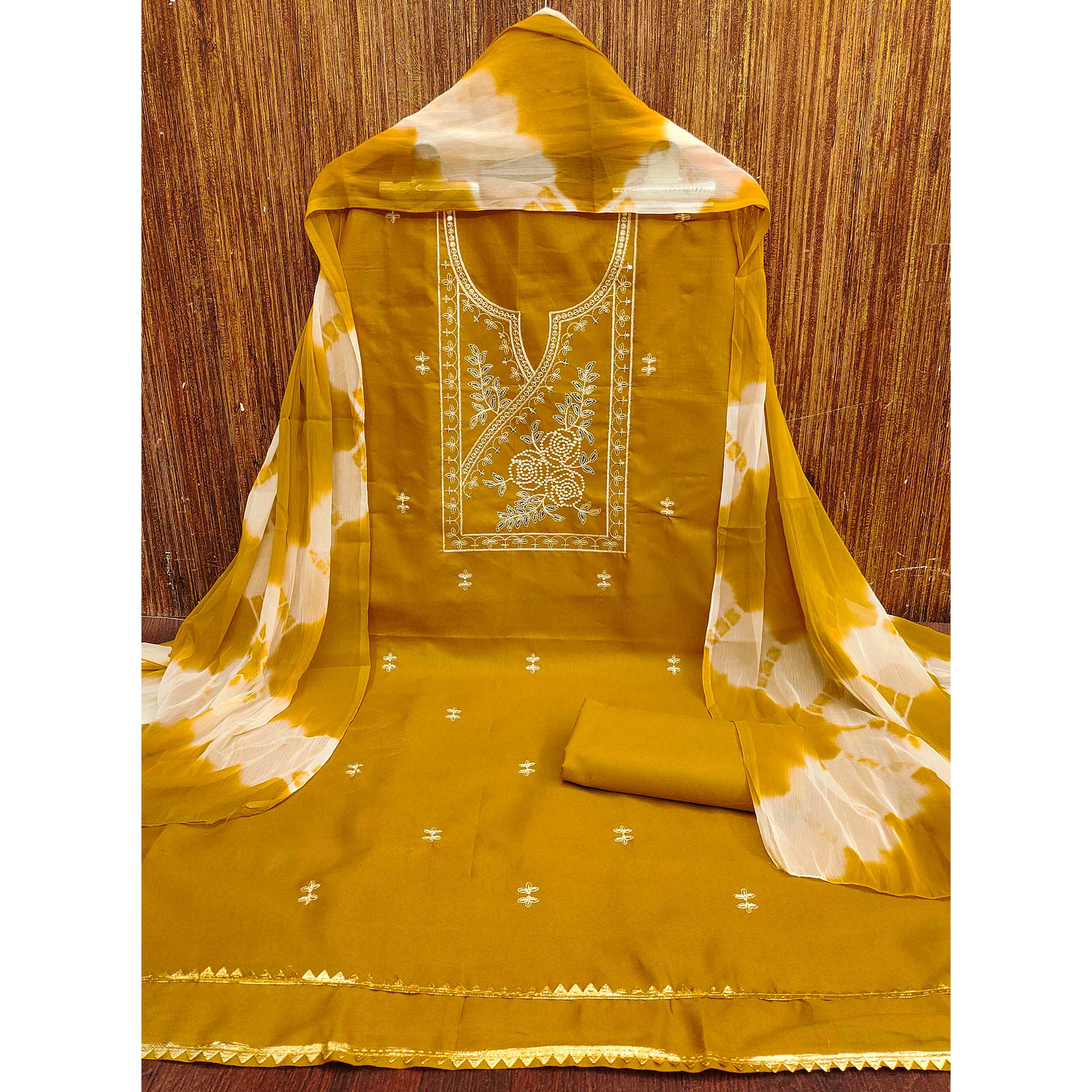 Mustard Cotton Blend Dress Material Highlighted With Floral Thread & Sequins Work - Image 3