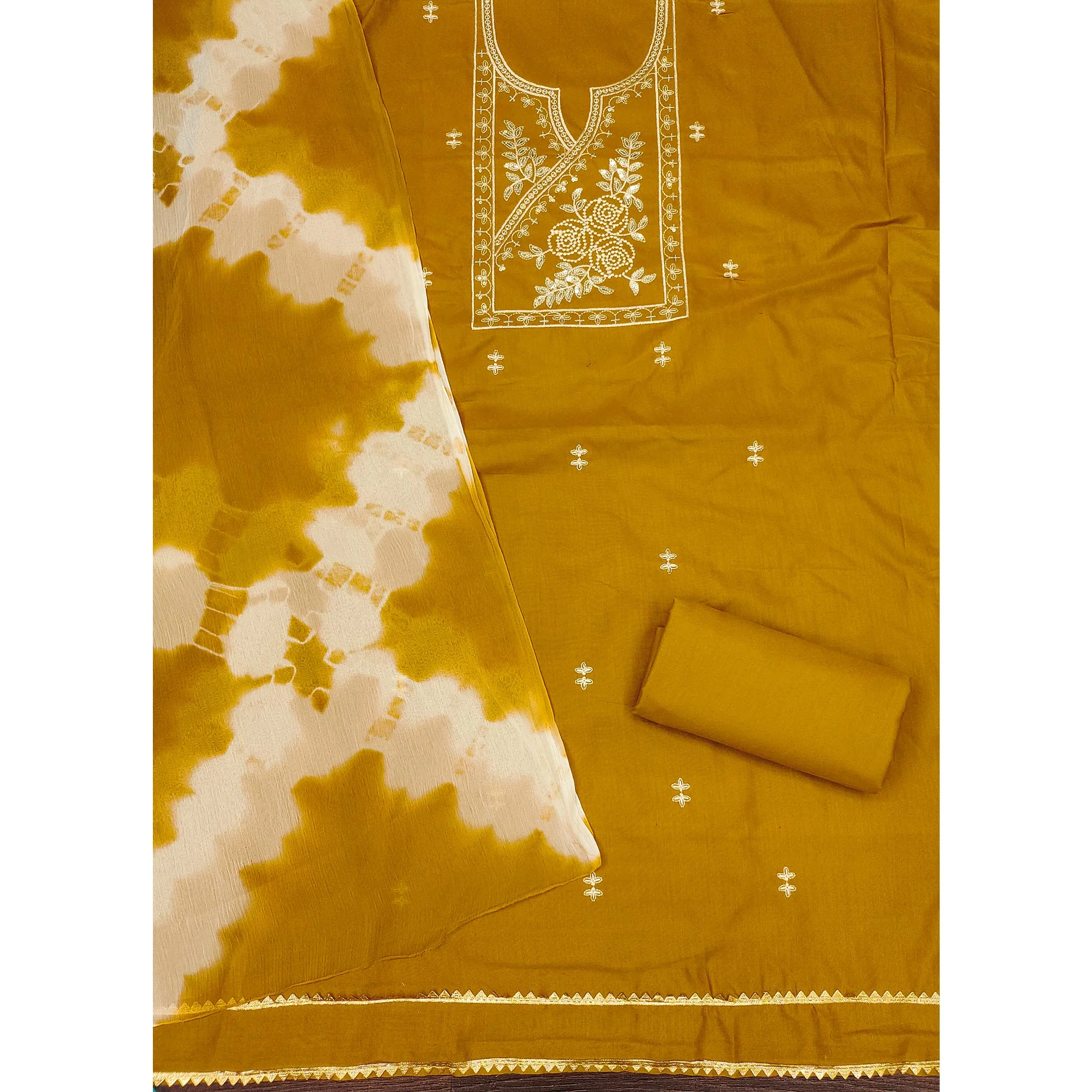 Mustard Cotton Blend Dress Material Highlighted With Floral Thread & Sequins Work - Image 4