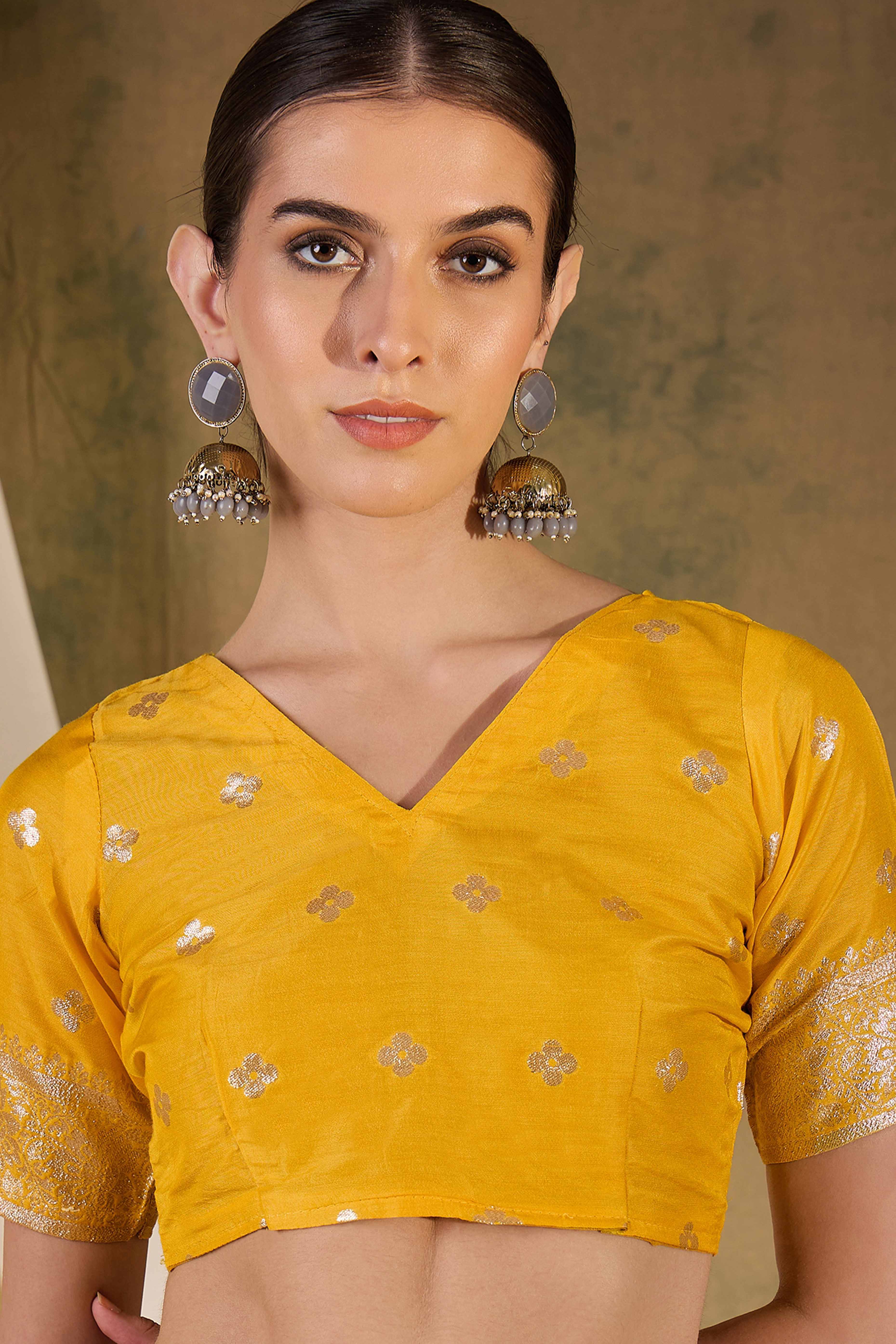 Mustard Cotton Blend Jacquard Saree Adorned With Floral Weaving & Graceful Tassel Pallu - Image 6
