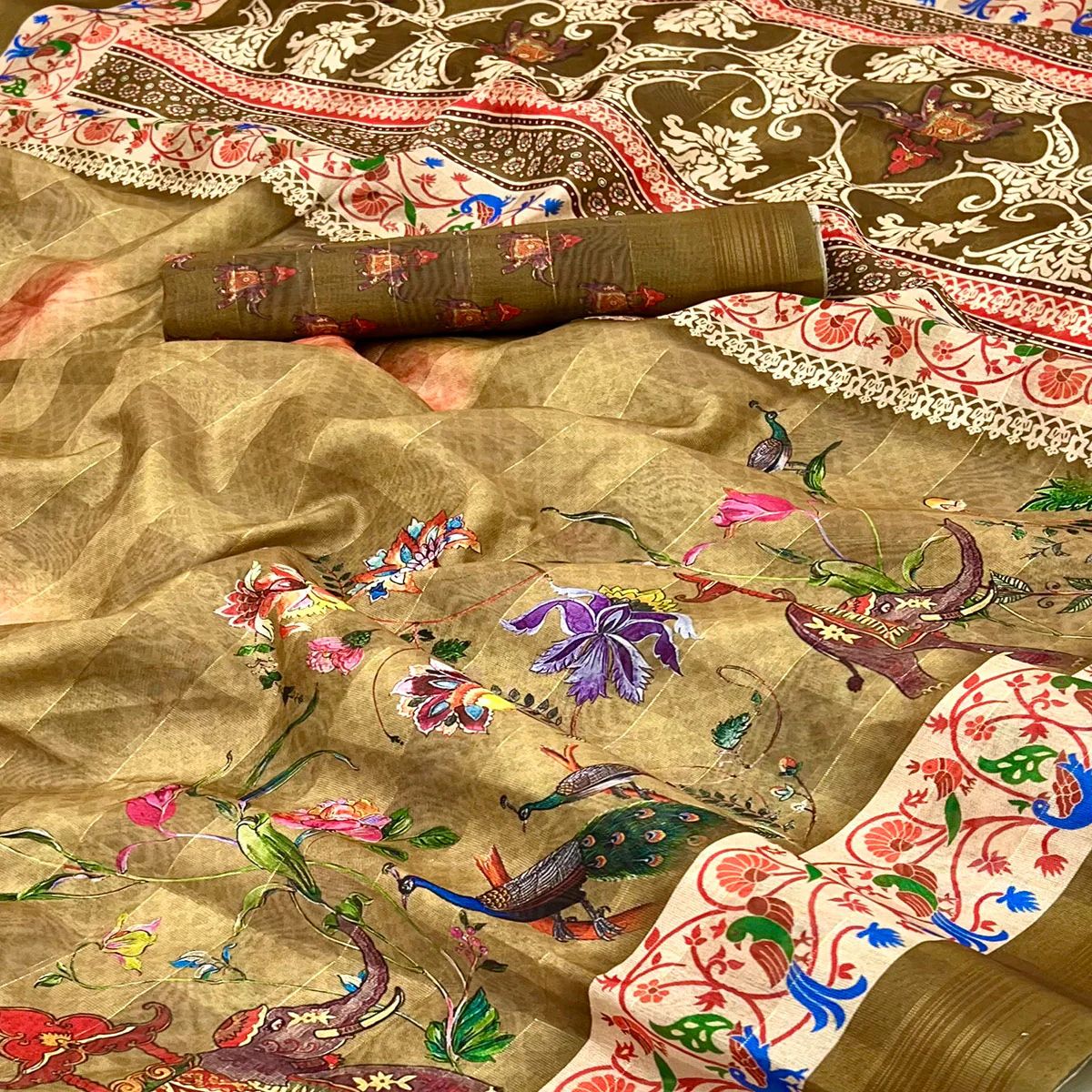 Mustard Cotton Blend Saree Highlighted With Animal & Floral Digital Print - Image 2