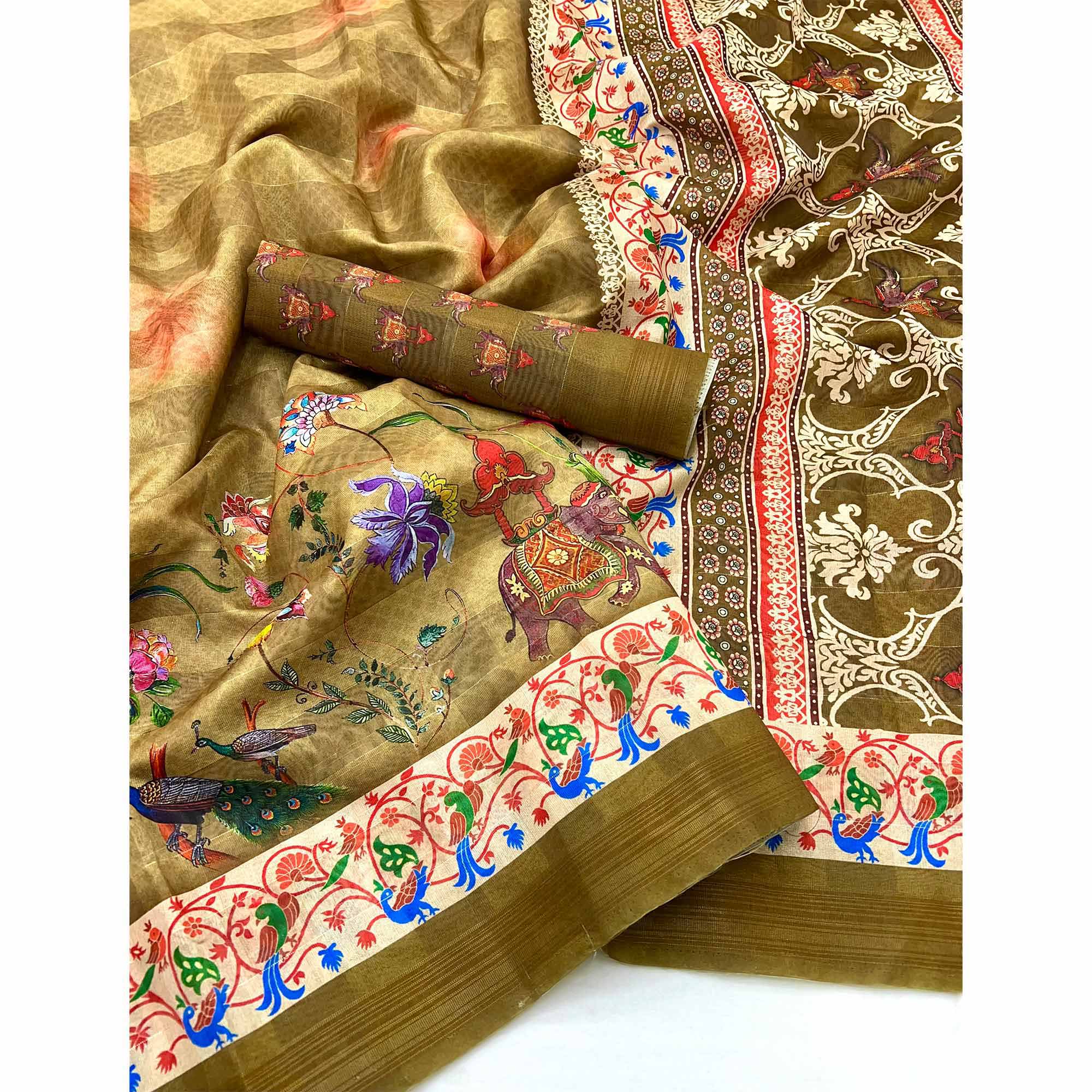 Mustard Cotton Blend Saree Highlighted With Animal & Floral Digital Print - Image 3