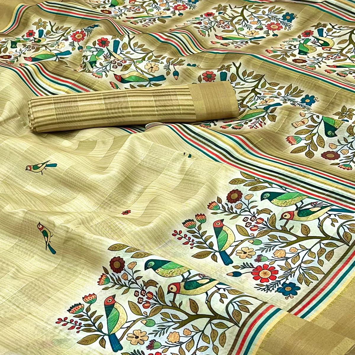 Mustard Cotton Blend Saree Highlighted With Bird & Floral Digital Print - Image 2