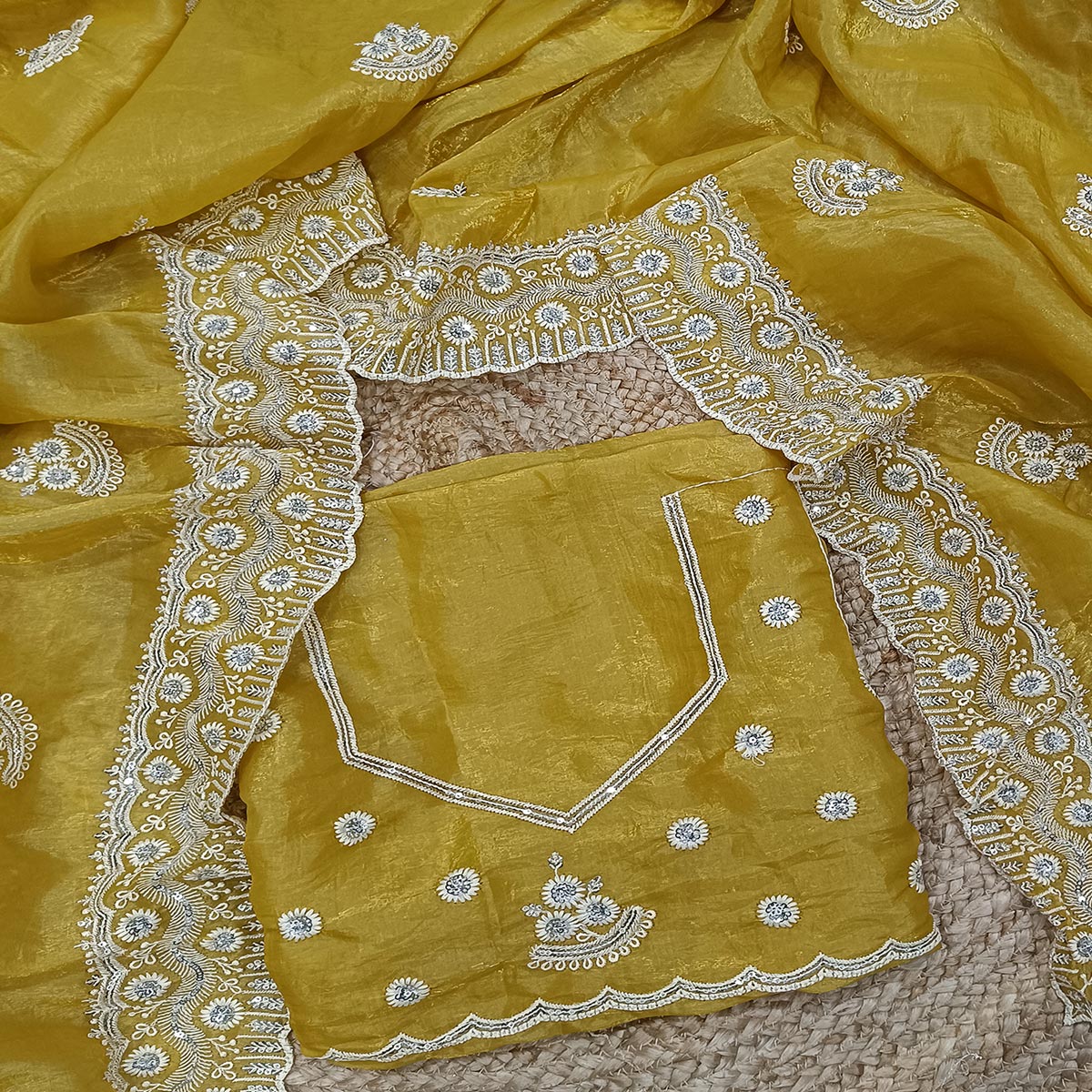 Mustard Cotton Blend Saree With Intricate Floral Thread Embroidery & Sparkling Sequins - Image 2