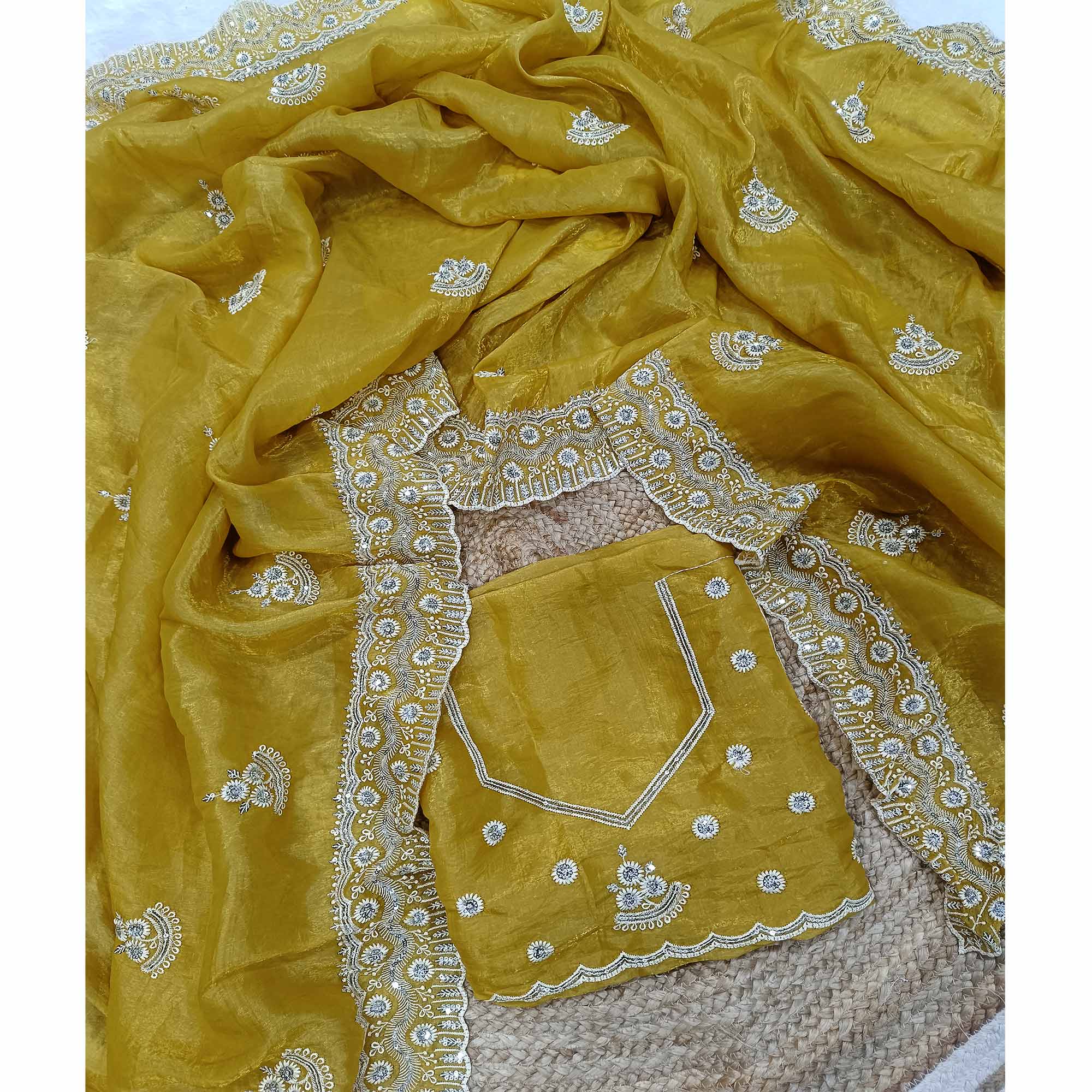 Mustard Cotton Blend Saree With Intricate Floral Thread Embroidery & Sparkling Sequins - Image 3