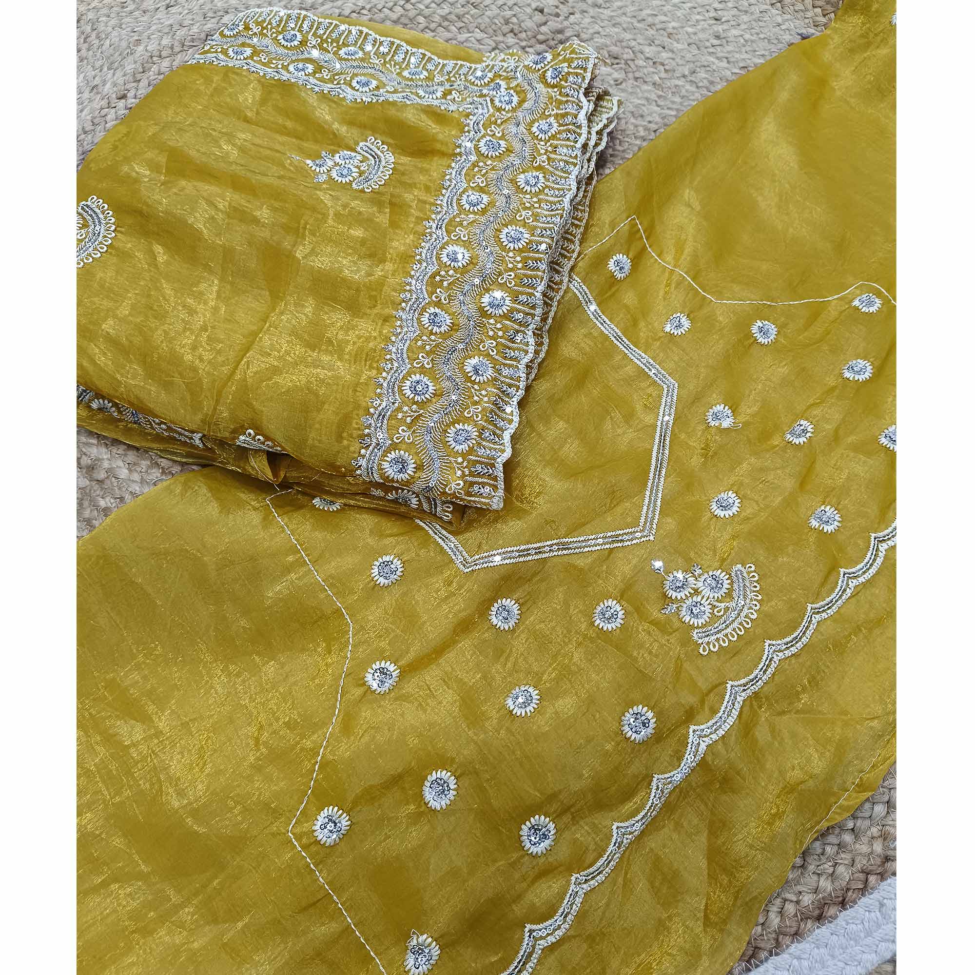 Mustard Cotton Blend Saree With Intricate Floral Thread Embroidery & Sparkling Sequins - Image 4