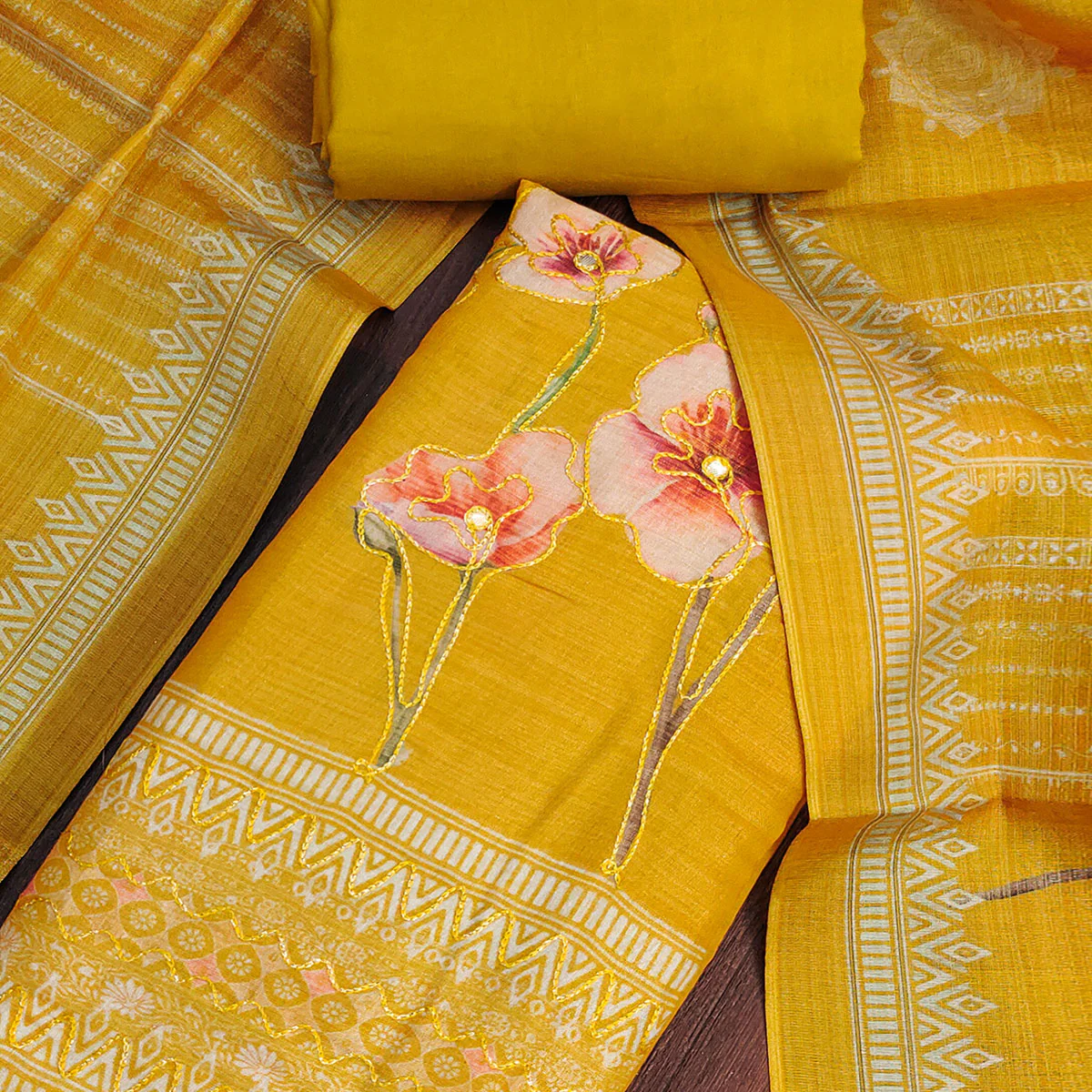 Mustard Cotton Silk Dress Material Enhanced With Blooming Floral Digital Prints & Elegant Embroidery - Image 2