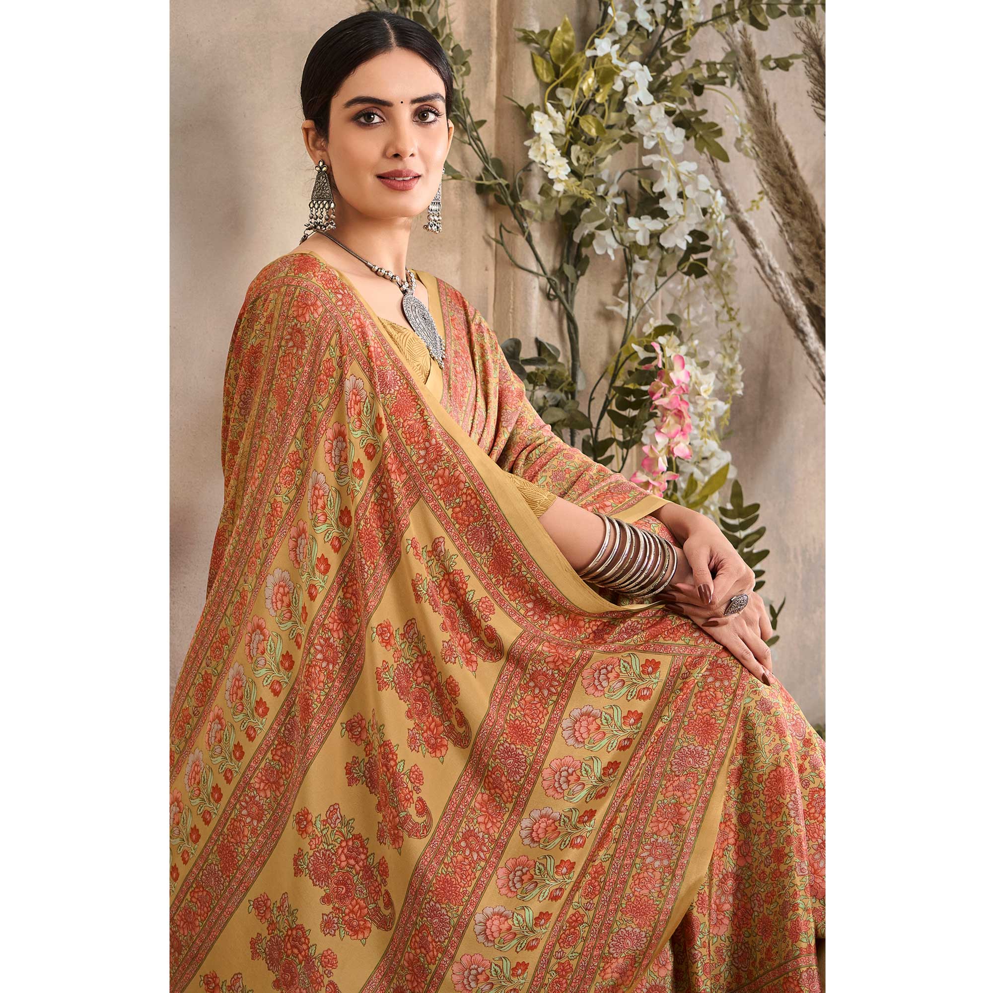 Mustard Crepe Silk Floral Printed Saree - Image 3