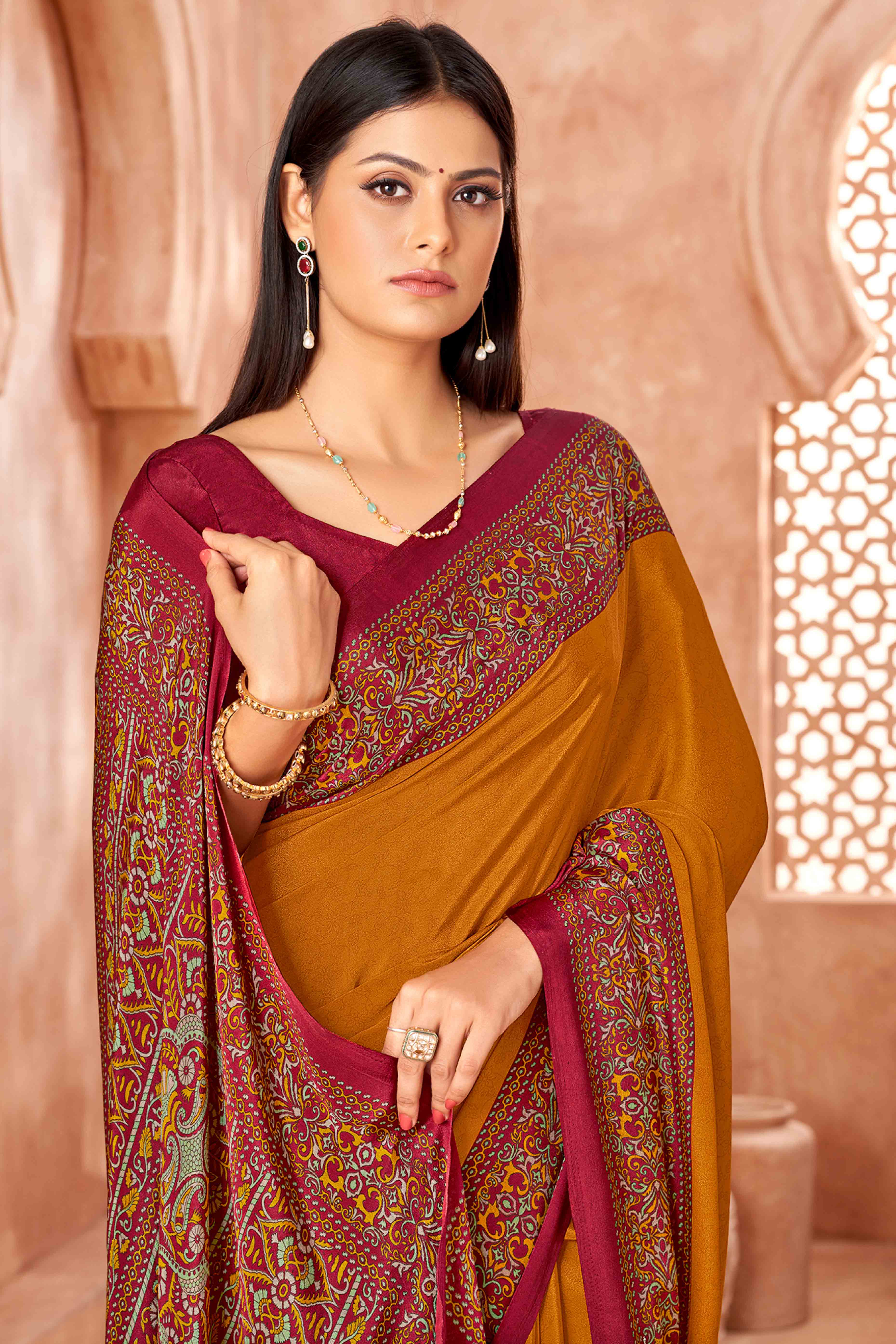 Mustard Crepe Silk Saree with Elegant Floral Print Detailing - Image 3