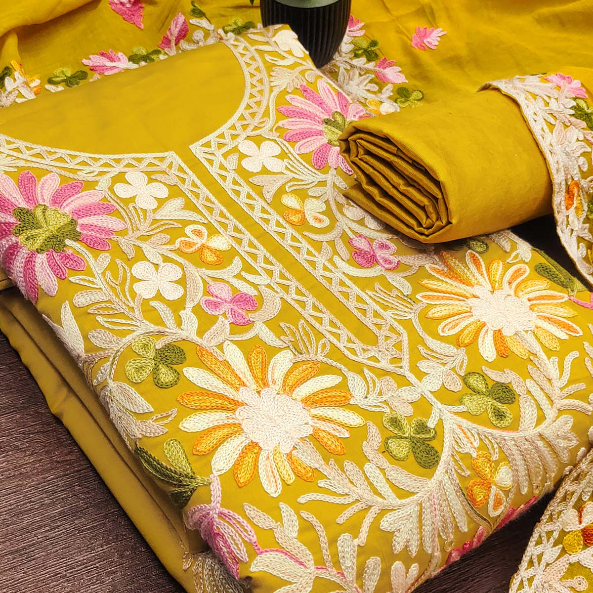 Mustard Designer Roman Art Silk Dress Material Adorned With Floral Thread Embroidery Work - Image 2
