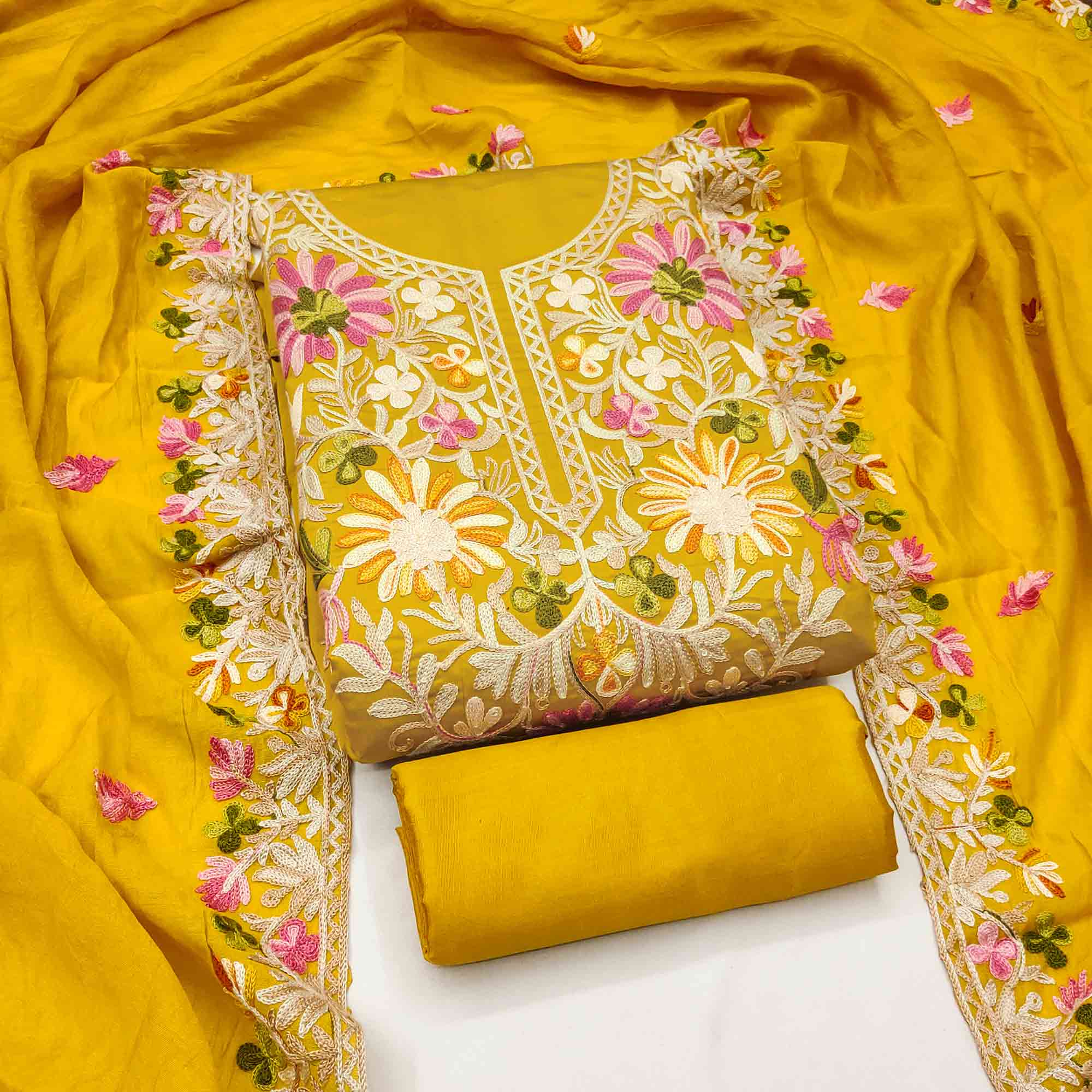 Mustard Designer Roman Art Silk Dress Material Adorned With Floral Thread Embroidery Work - Image 3